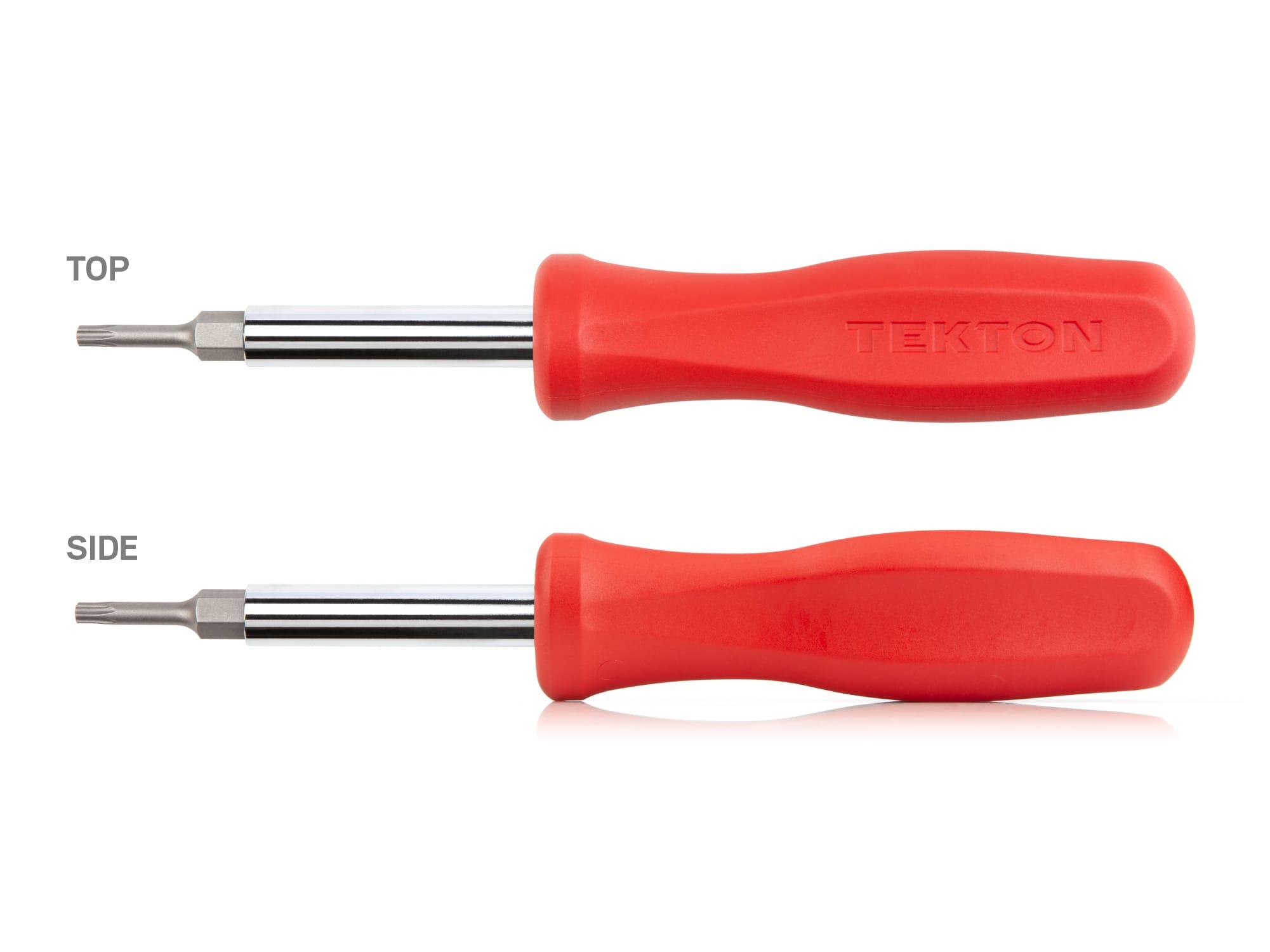 Side view of red Tekton multi-bit driver. Item #DMS18012
