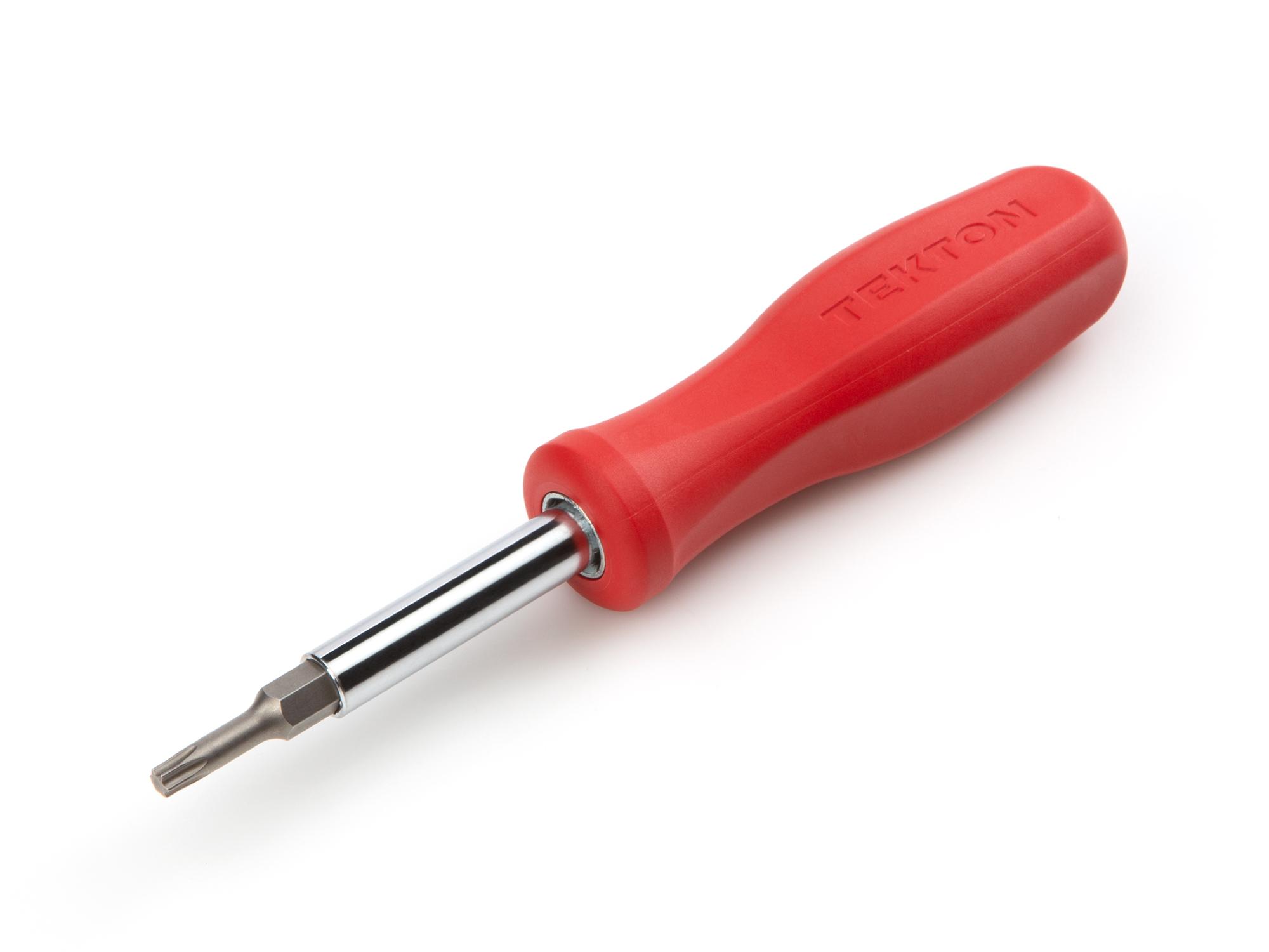 Front-right angle view of red Tekton multi-bit driver. Item #DMS18014
