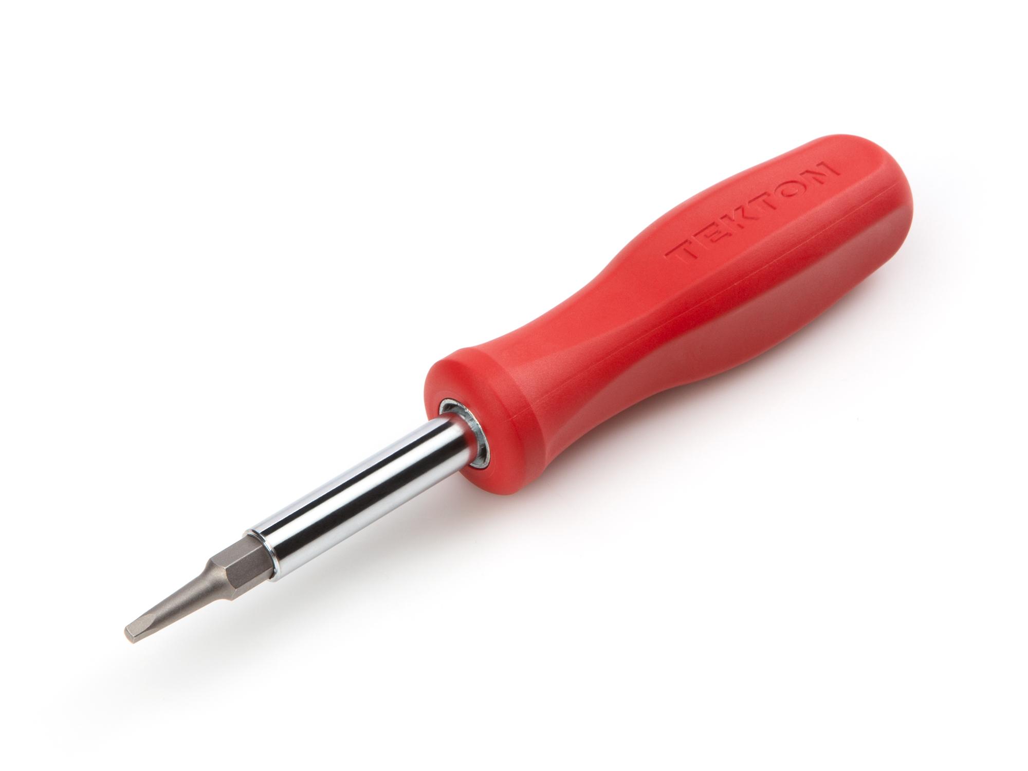 Front-right angle view of red Tekton multi-bit driver. Item #DMS18015