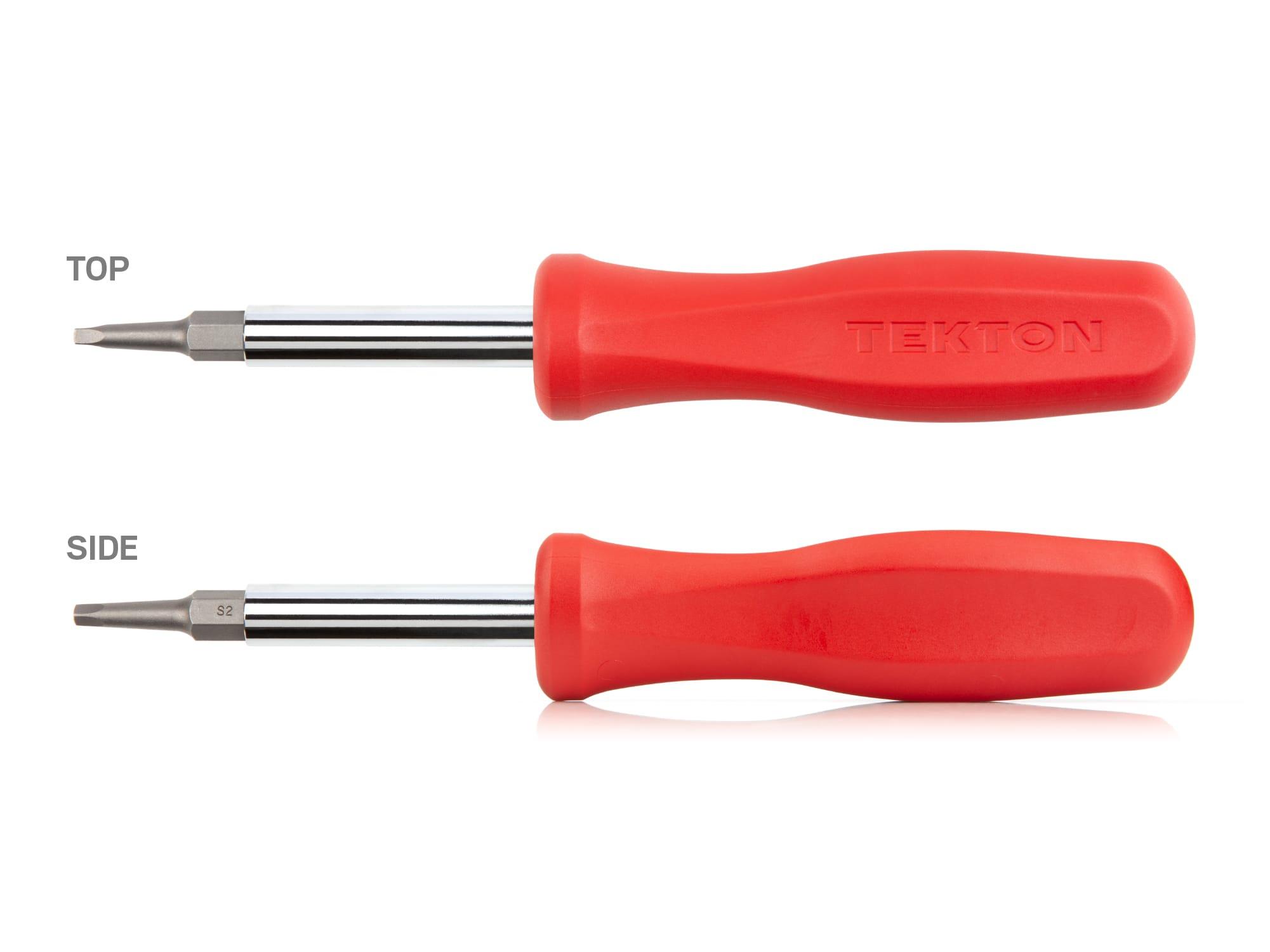 Side view of red Tekton multi-bit driver. Item #DMS18015