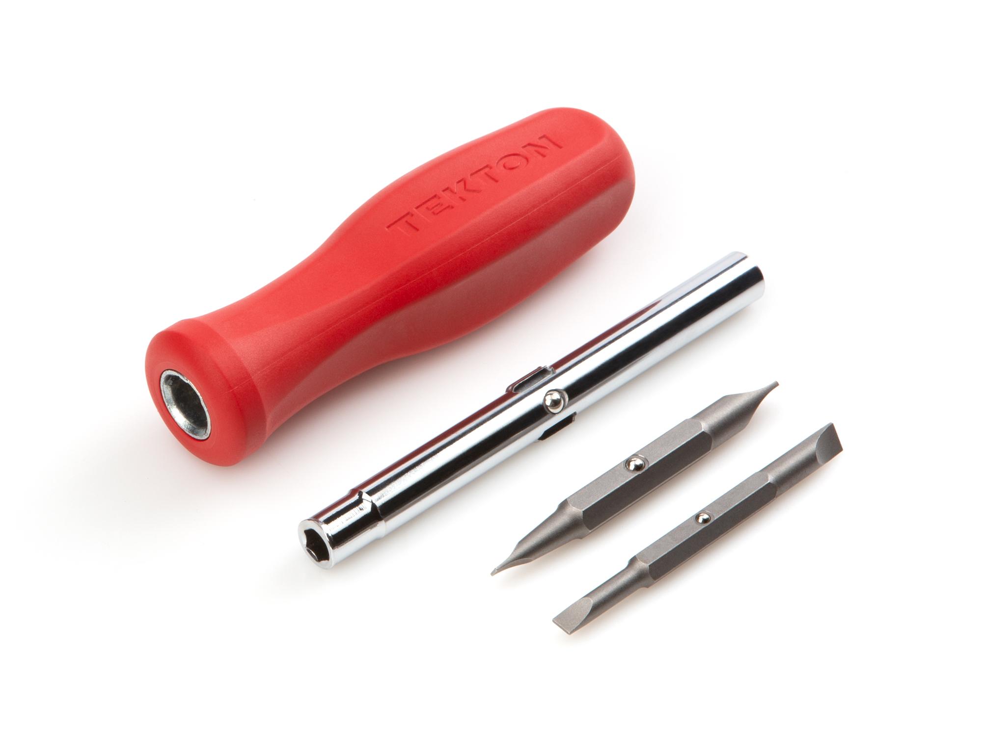 Laid out contents of red Tekton multi-bit driver. Item #DMS18017