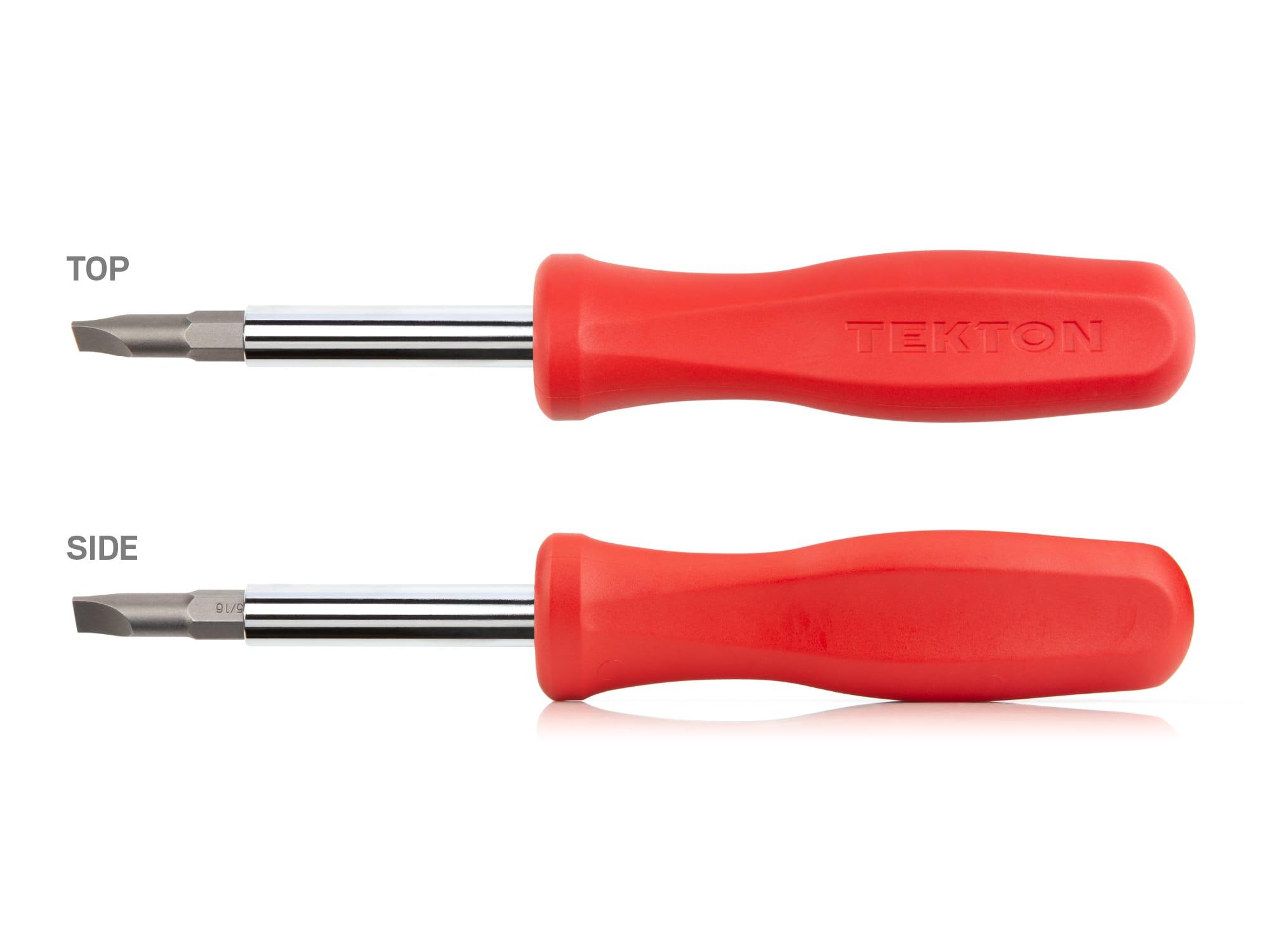 Side view of red Tekton multi-bit driver. Item #DMS18017