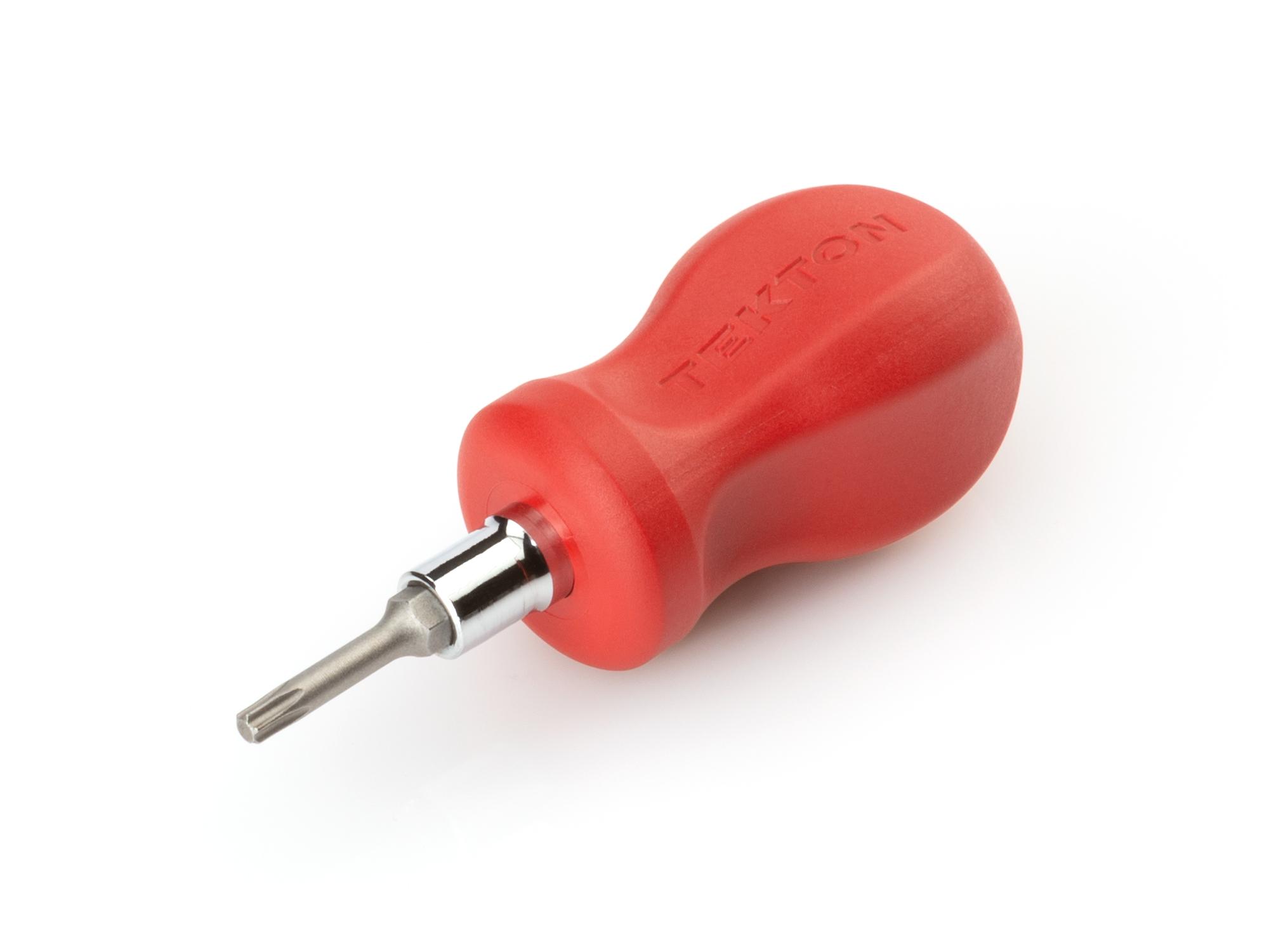 Front-right angle view of red Tekton multi-bit driver. Item #DMT17004