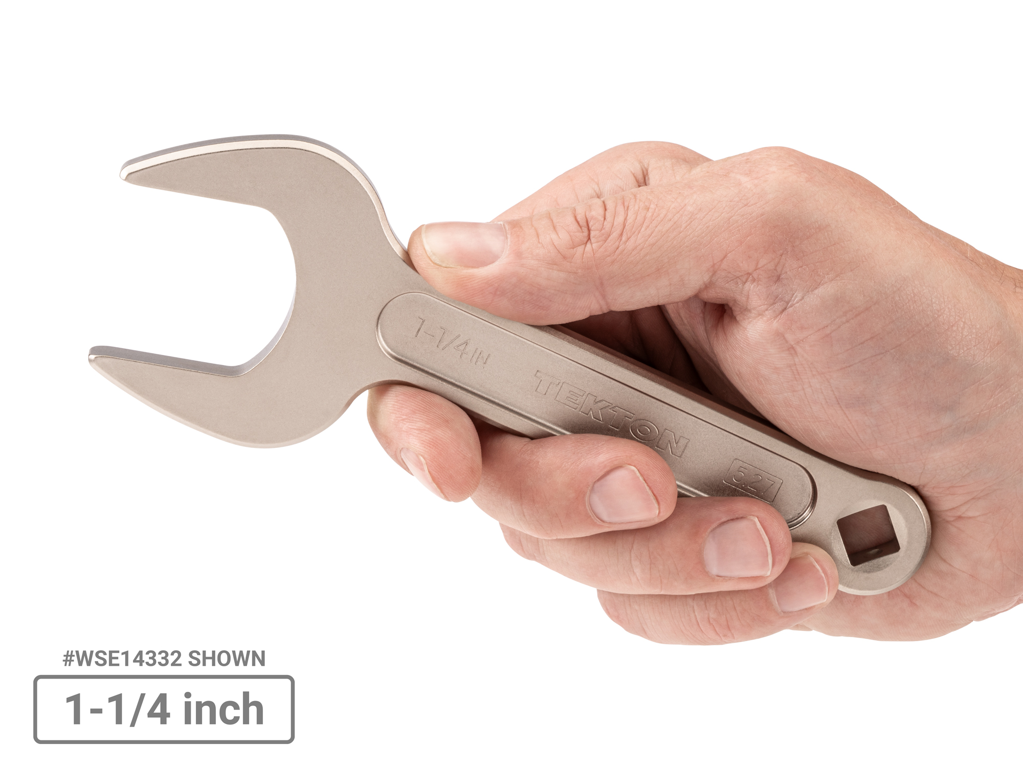 Person holding  Tekton open end wrench set. Item #WSE90100