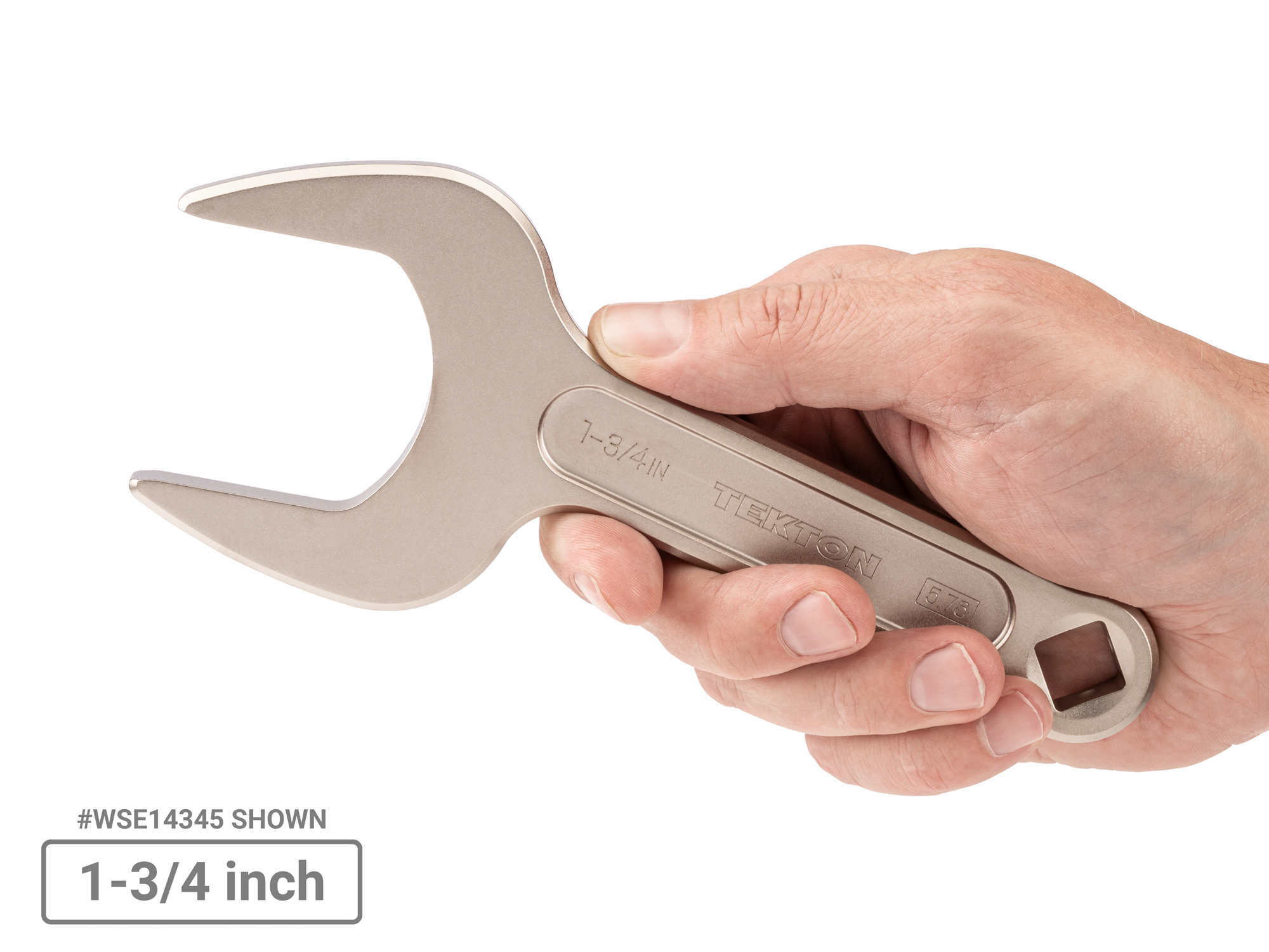 Person holding  Tekton open end wrench set. Item #WSE90101