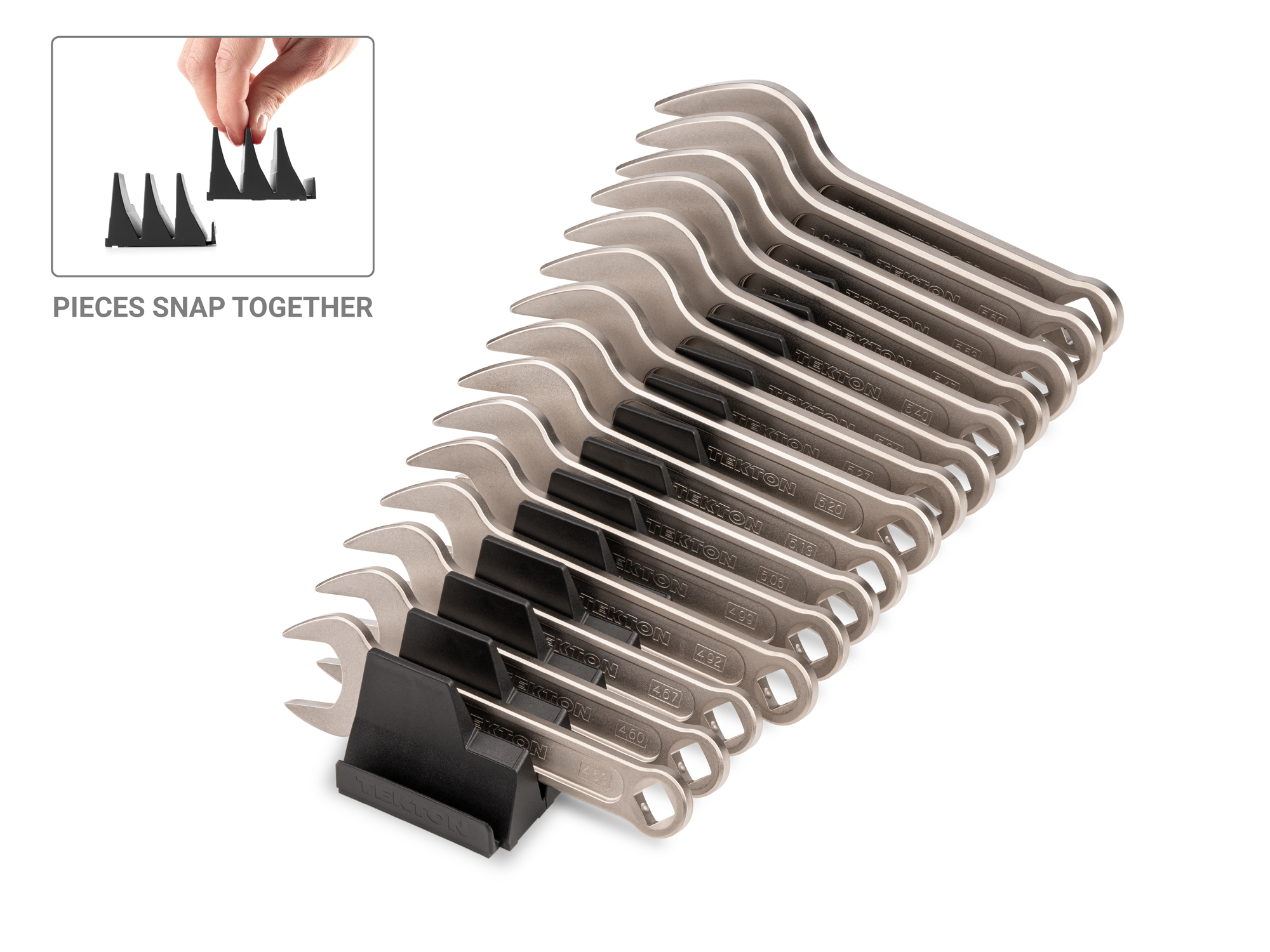Front-right angle view of  Tekton modular open end wrench set. Item #WSE95100