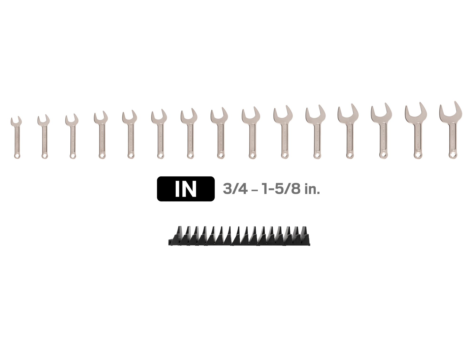 Laid out contents of  Tekton modular open end wrench set. Item #WSE95100