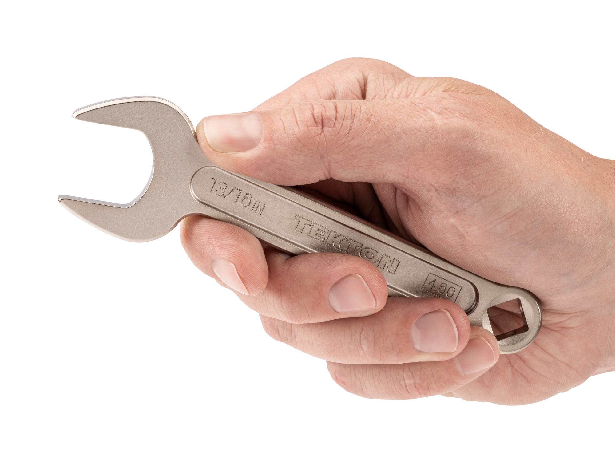 Person holding Tekton 13/16 inch open end wrench set. Item #WSE14321