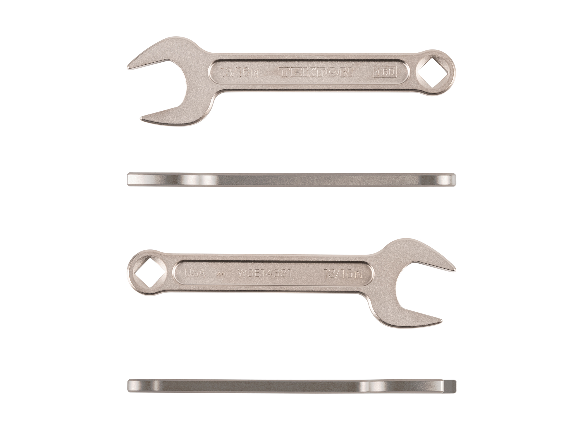 Side view of Tekton 13/16 inch open end wrench set. Item #WSE14321