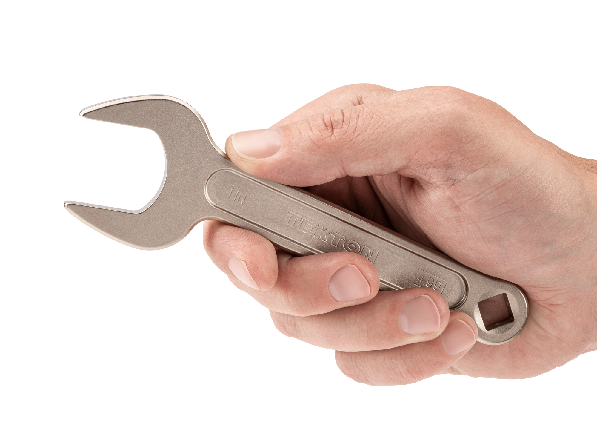 Person holding Tekton 1 inch open end wrench set. Item #WSE14325