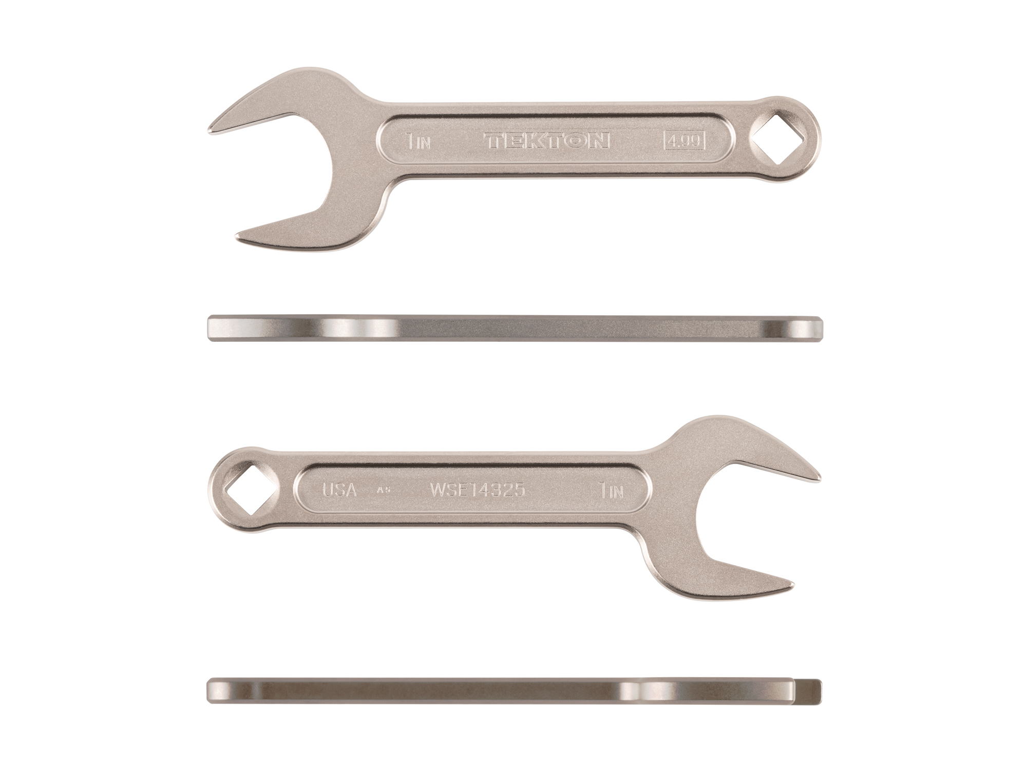 Side view of Tekton 1 inch open end wrench set. Item #WSE14325