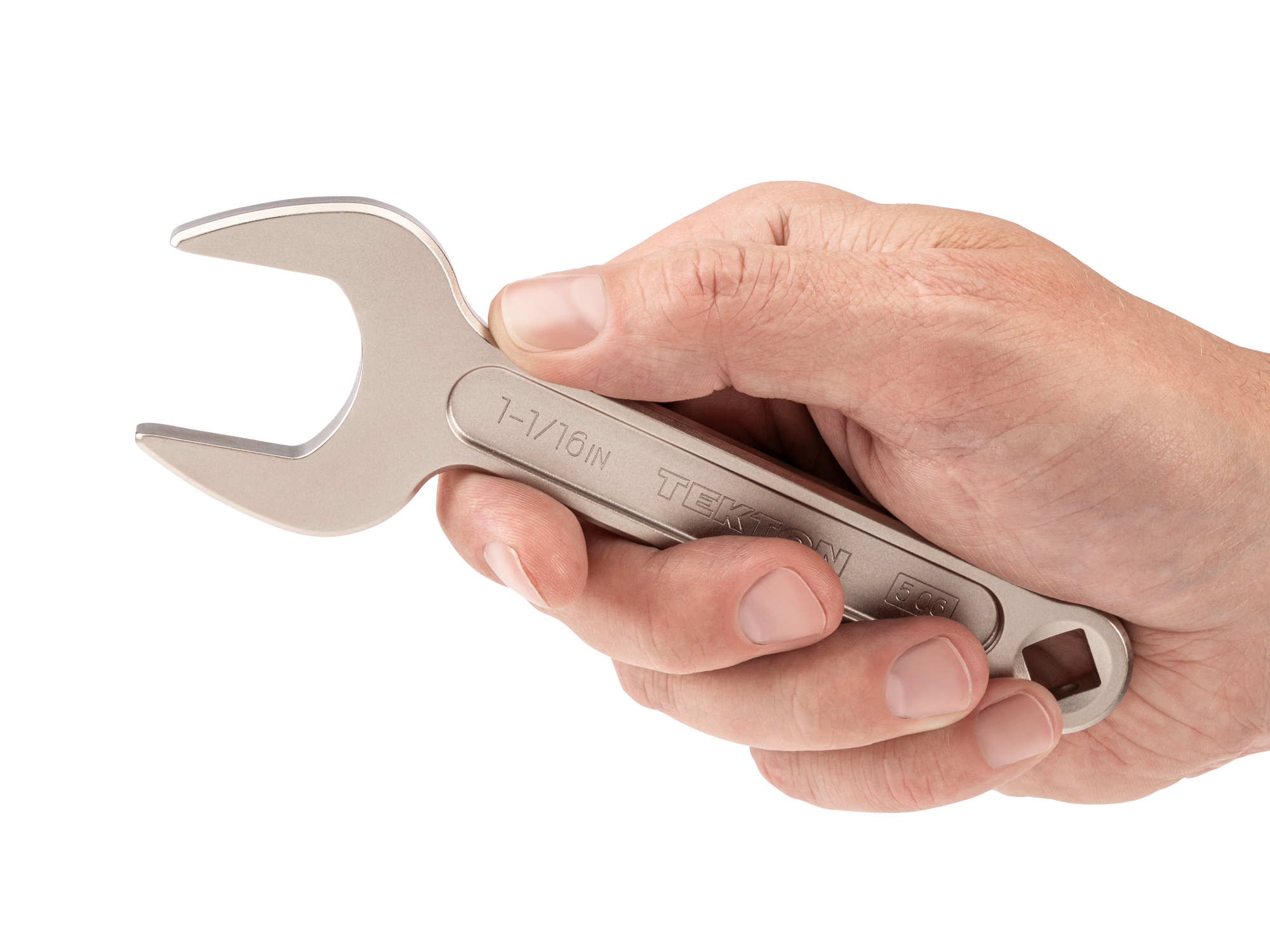 Person holding Tekton 1 1/16 inch open end wrench set. Item #WSE14327