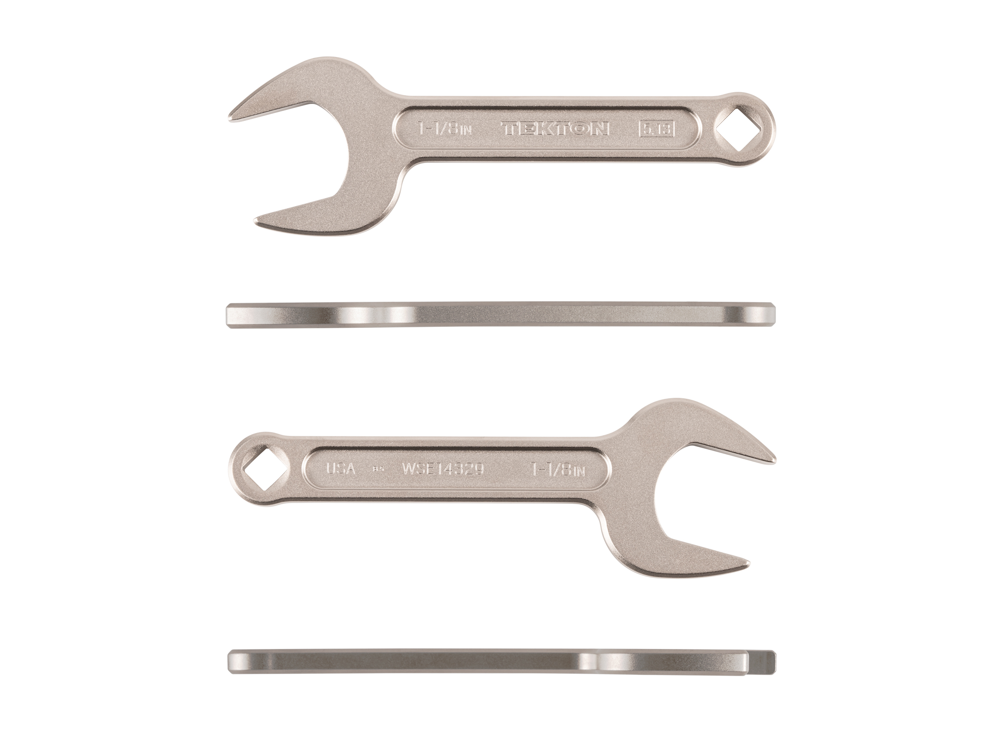 Side view of Tekton 1 1/8 inch open end wrench set. Item #WSE14329