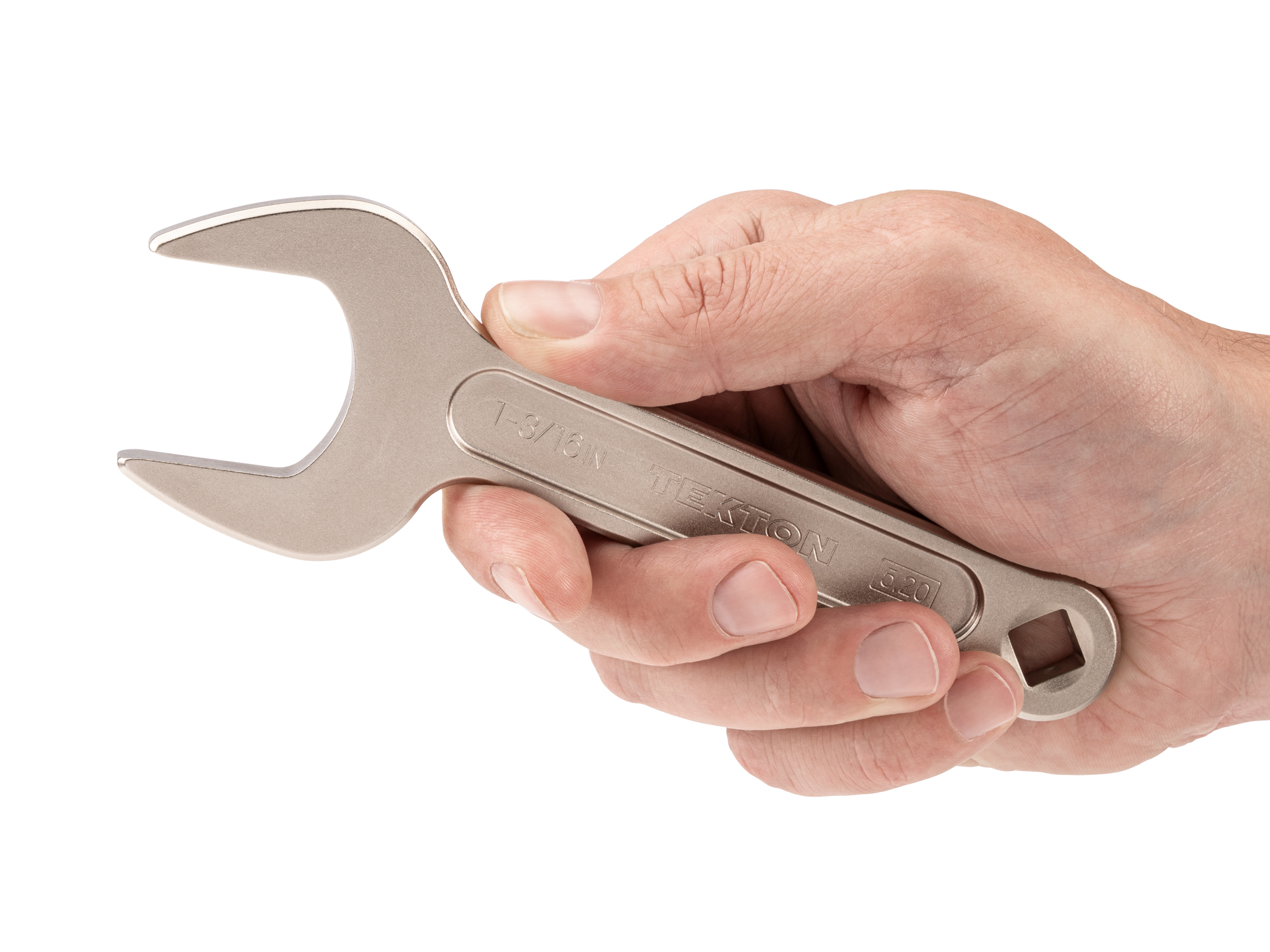 Person holding Tekton 1 3/16 inch open end wrench set. Item #WSE14330