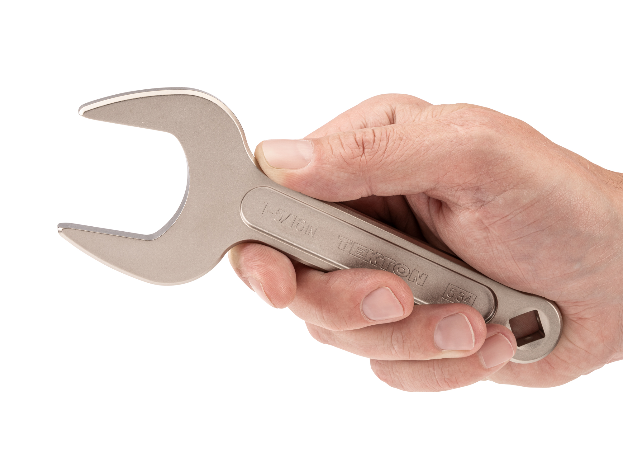 Person holding Tekton 1 5/16 inch open end wrench set. Item #WSE14333
