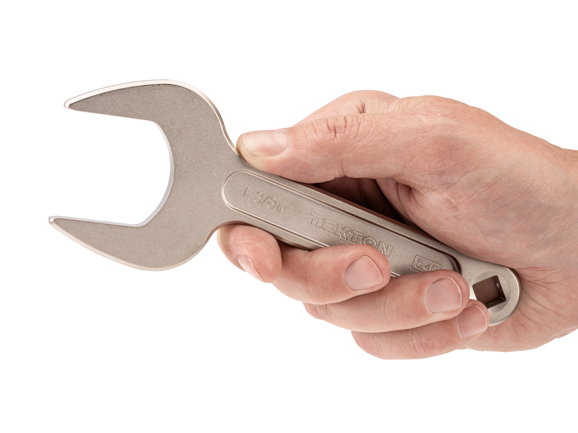 Person holding Tekton 1 3/8 inch open end wrench set. Item #WSE14335