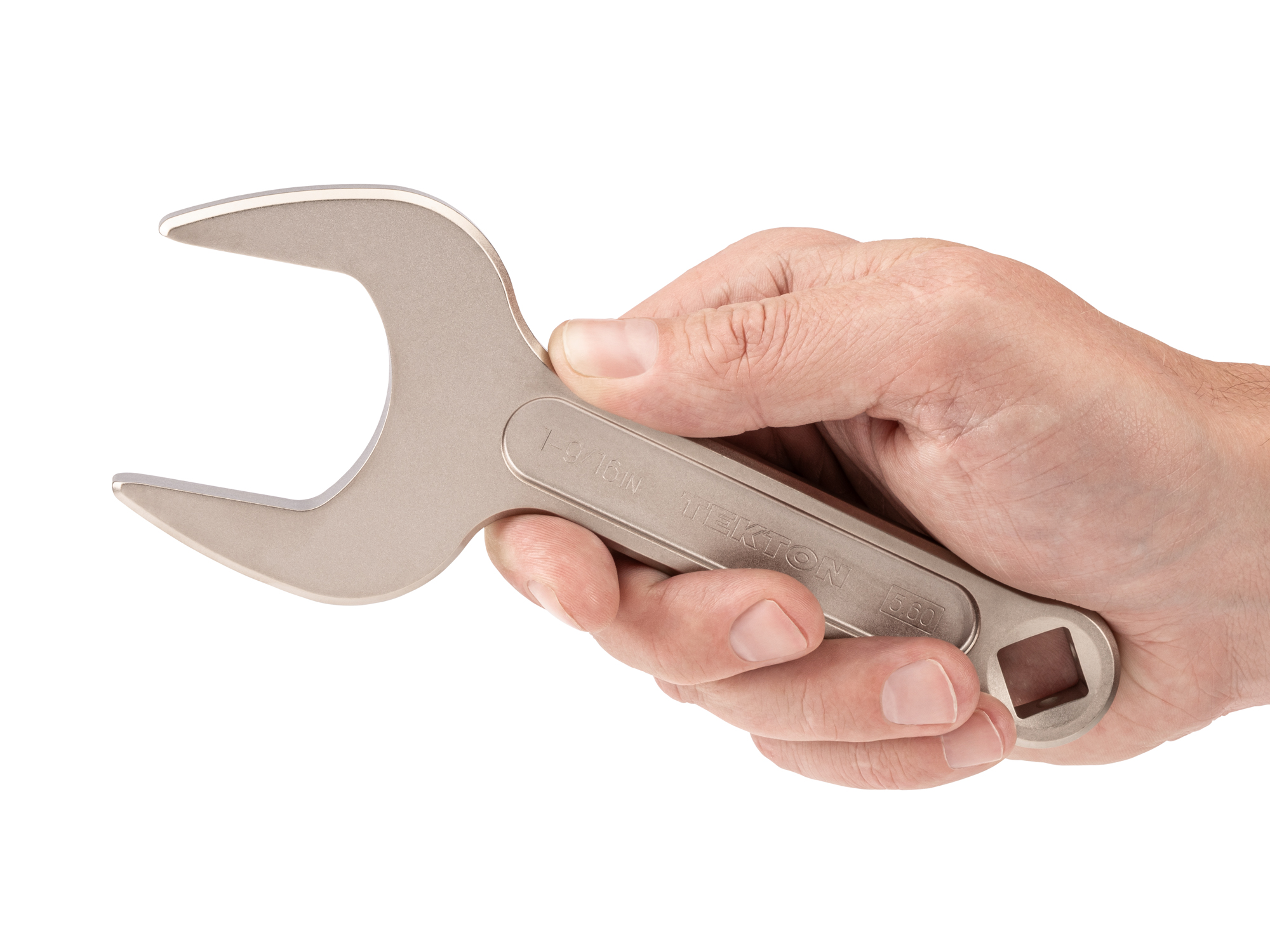 Person holding Tekton 1 9/16 inch open end wrench set. Item #WSE14339