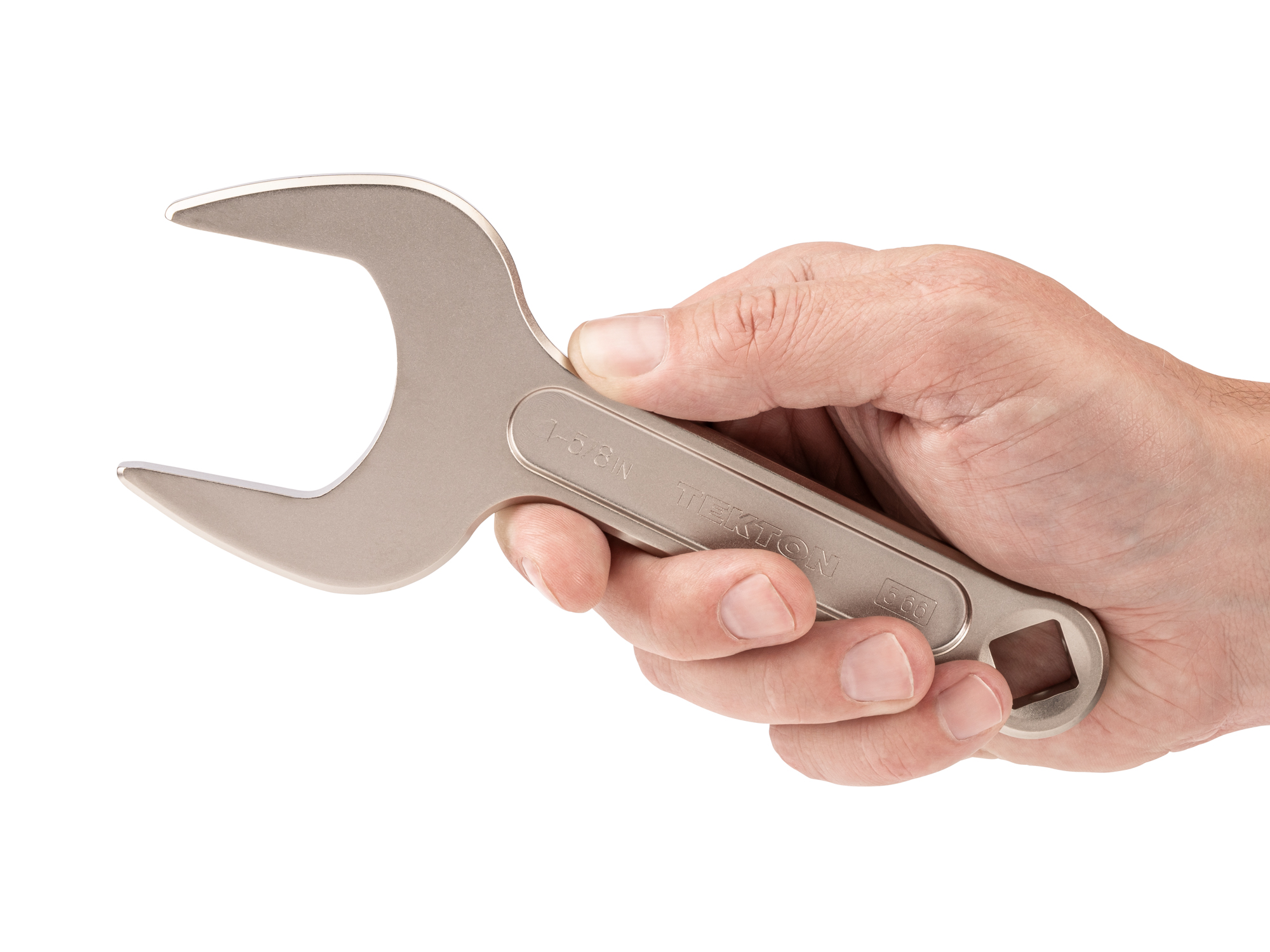 Person holding Tekton 1 5/8 inch open end wrench set. Item #WSE14341