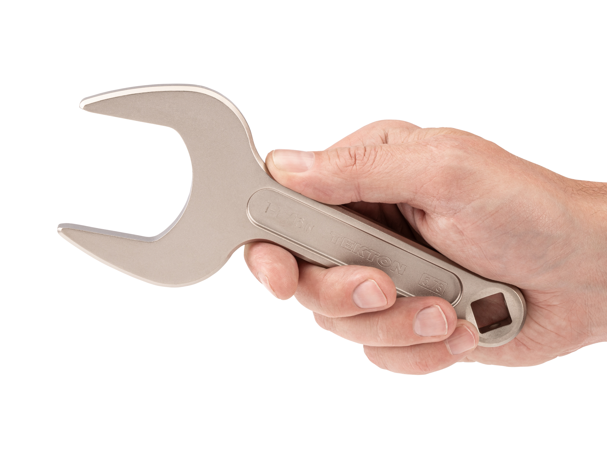 Person holding Tekton 1 11/16 inch open end wrench set. Item #WSE14342