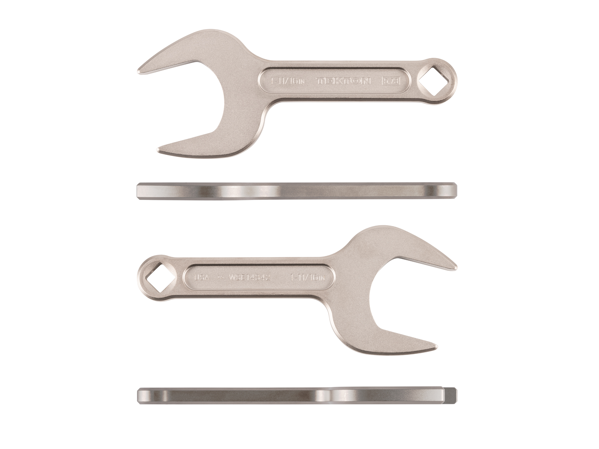 Side view of Tekton 1 11/16 inch open end wrench set. Item #WSE14342