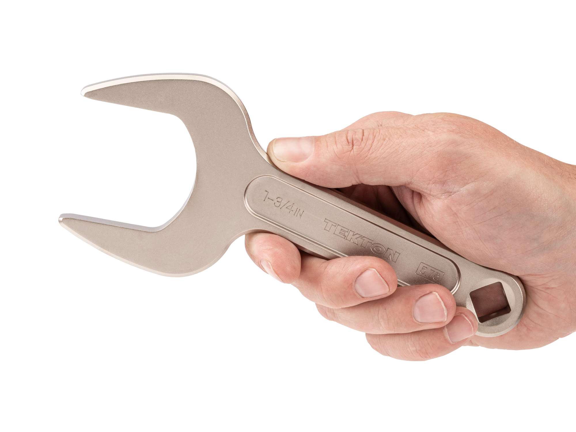 Person holding Tekton 1 3/4 inch open end wrench set. Item #WSE14345