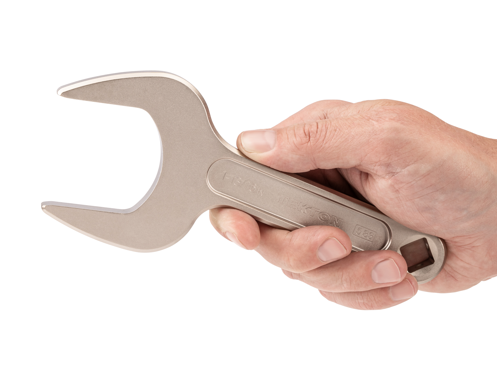 Person holding Tekton 1 13/16 inch open end wrench set. Item #WSE14346