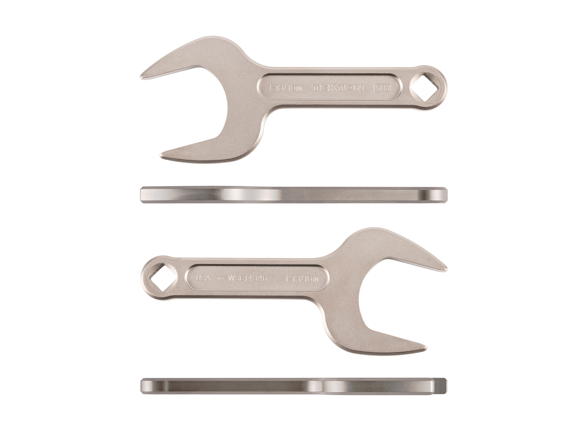 Side view of Tekton 1 13/16 inch open end wrench set. Item #WSE14346