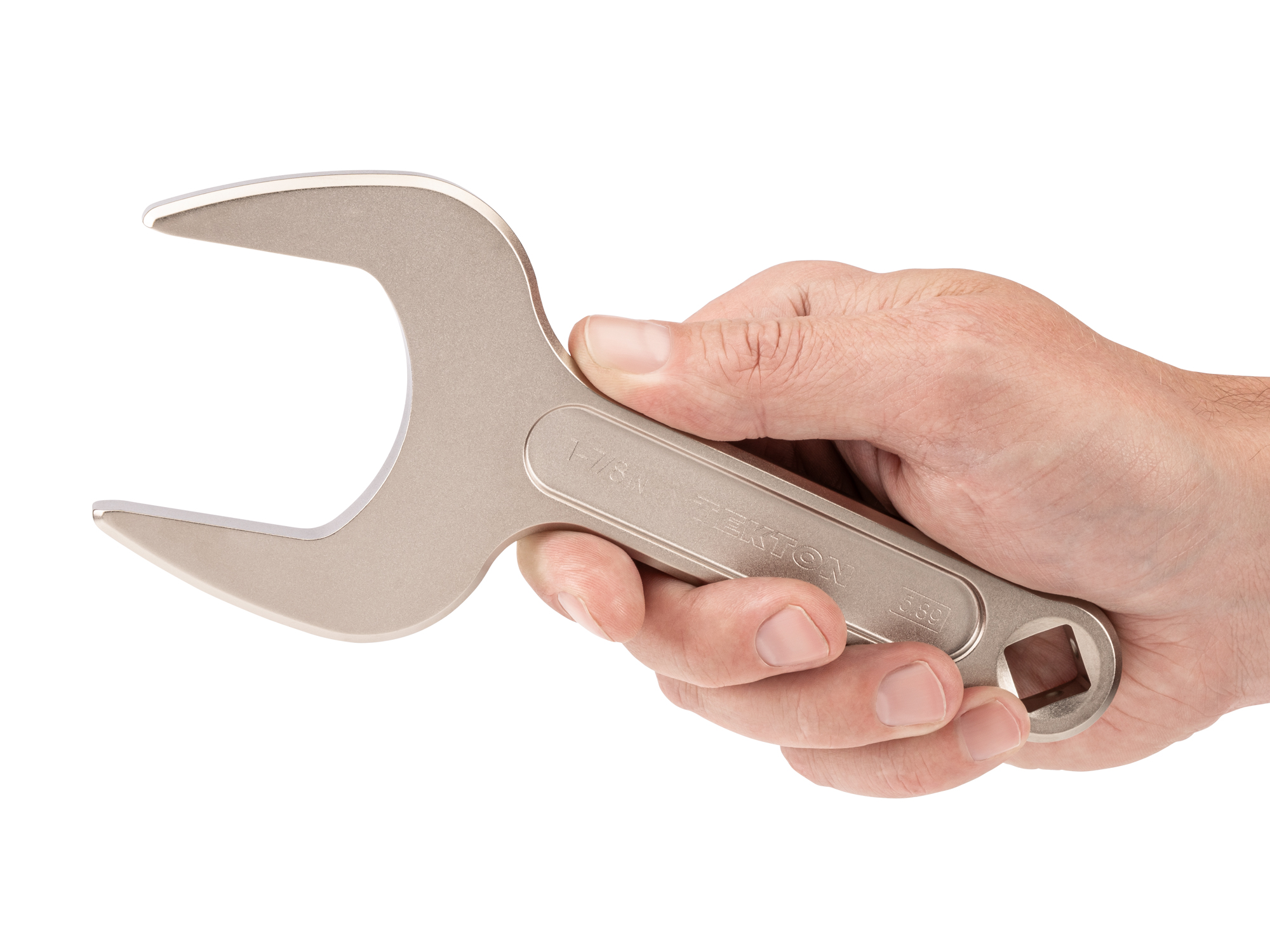 Person holding Tekton 1 7/8 inch open end wrench set. Item #WSE14348