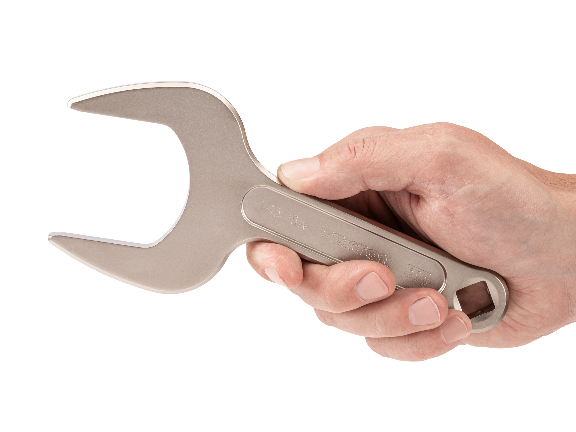 Person holding Tekton 1 15/16 inch open end wrench set. Item #WSE14349