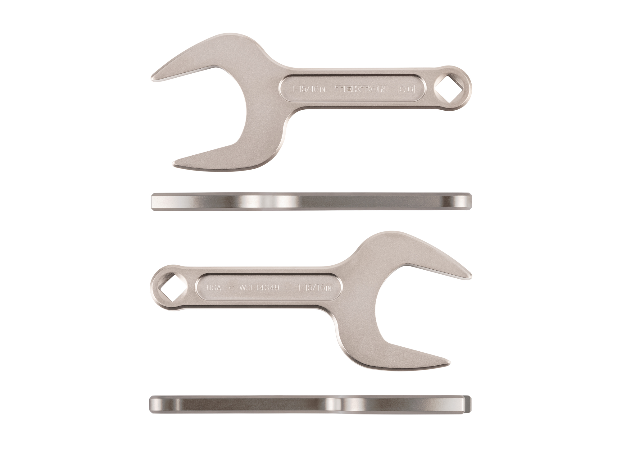 Side view of Tekton 1 15/16 inch open end wrench set. Item #WSE14349