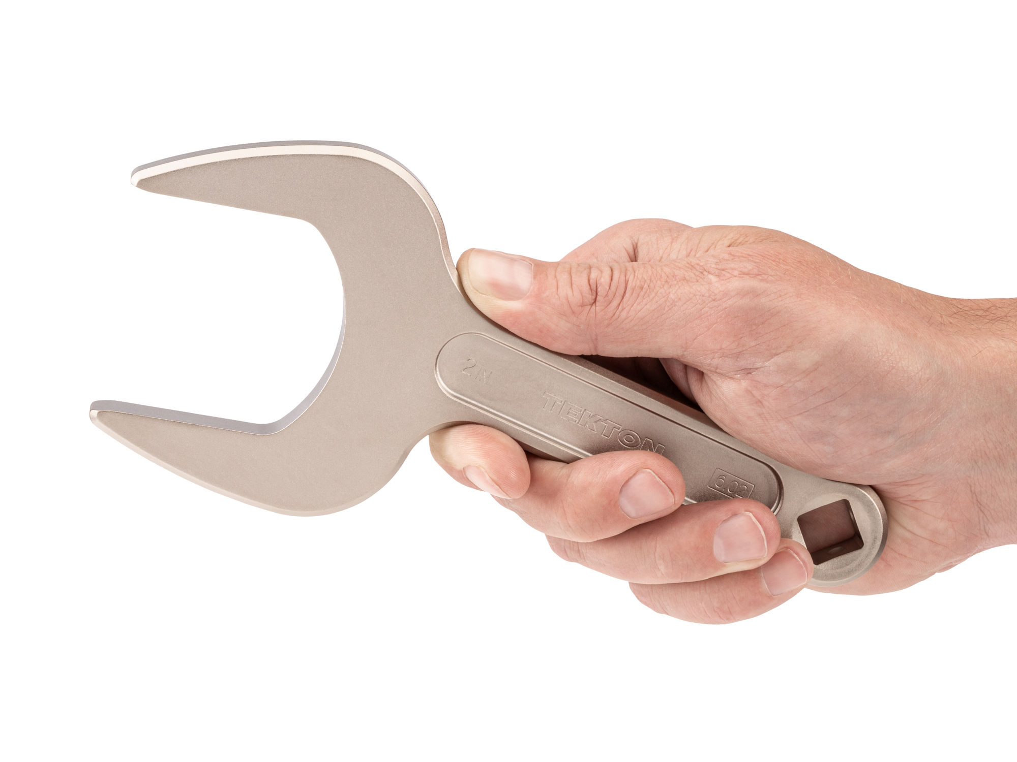 Person holding Tekton 2 inch open end wrench set. Item #WSE14351