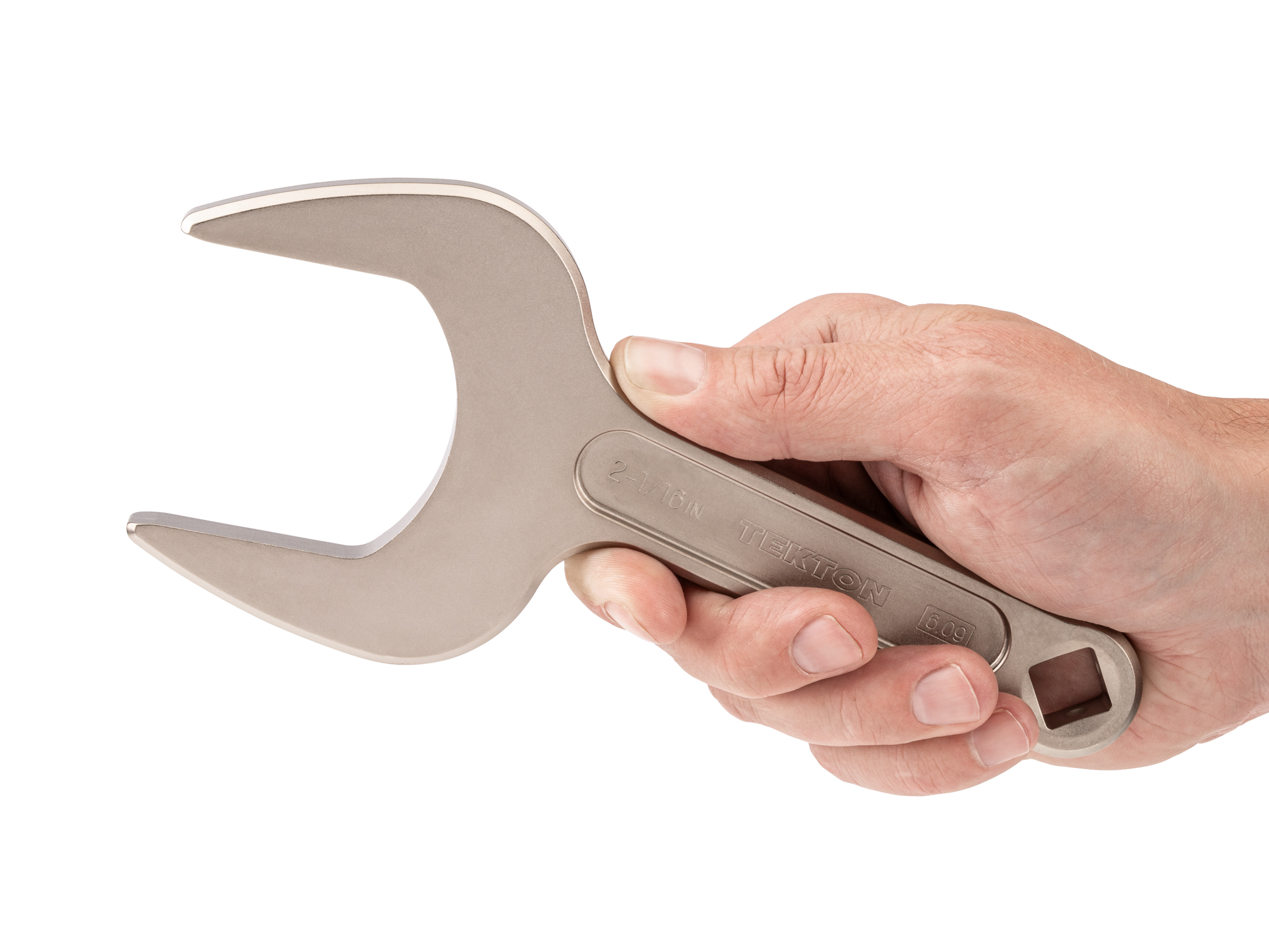 Person holding Tekton 2 1/16 inch open end wrench set. Item #WSE14352