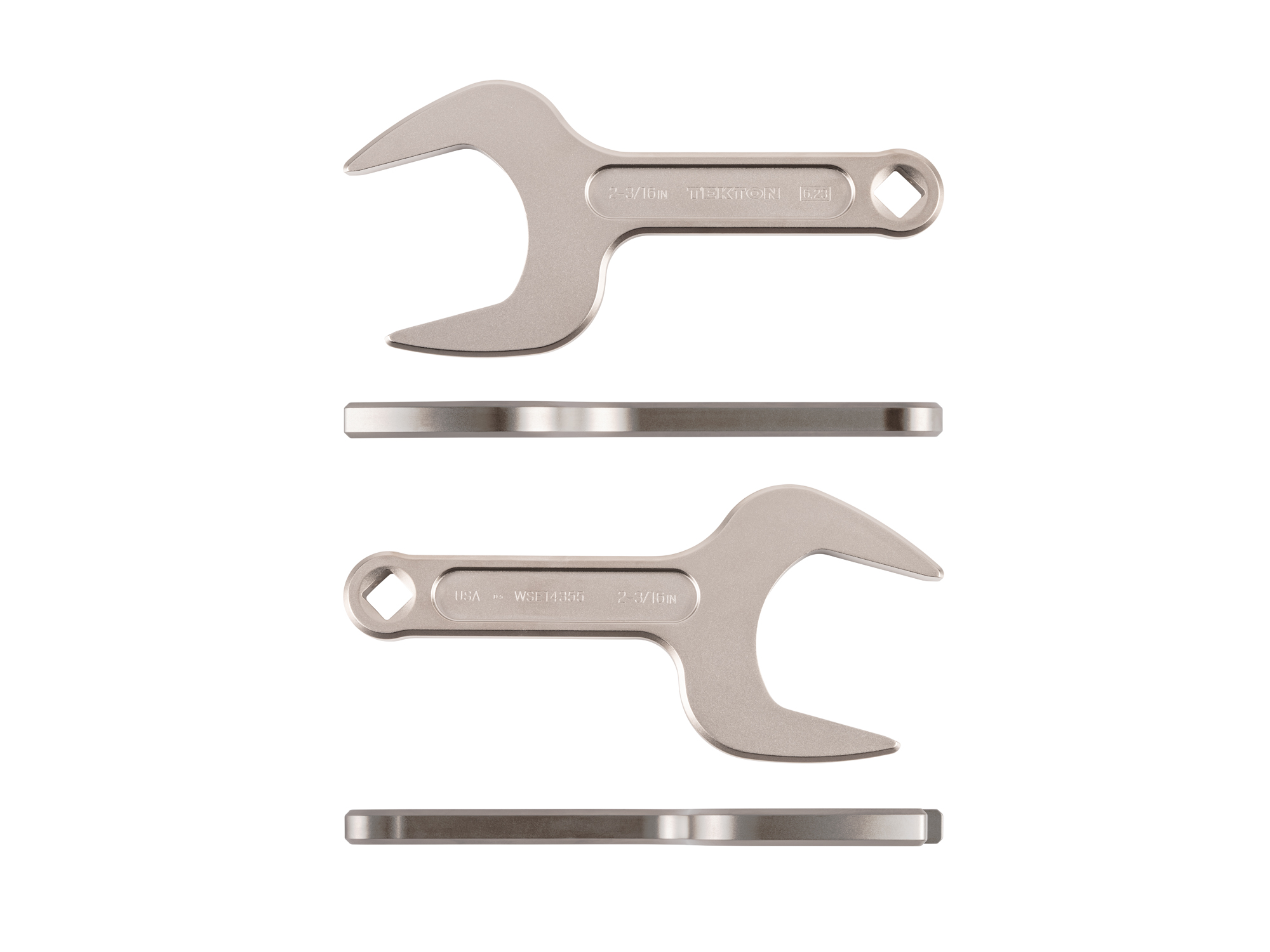 Side view of Tekton 2 3/16 inch open end wrench set. Item #WSE14355