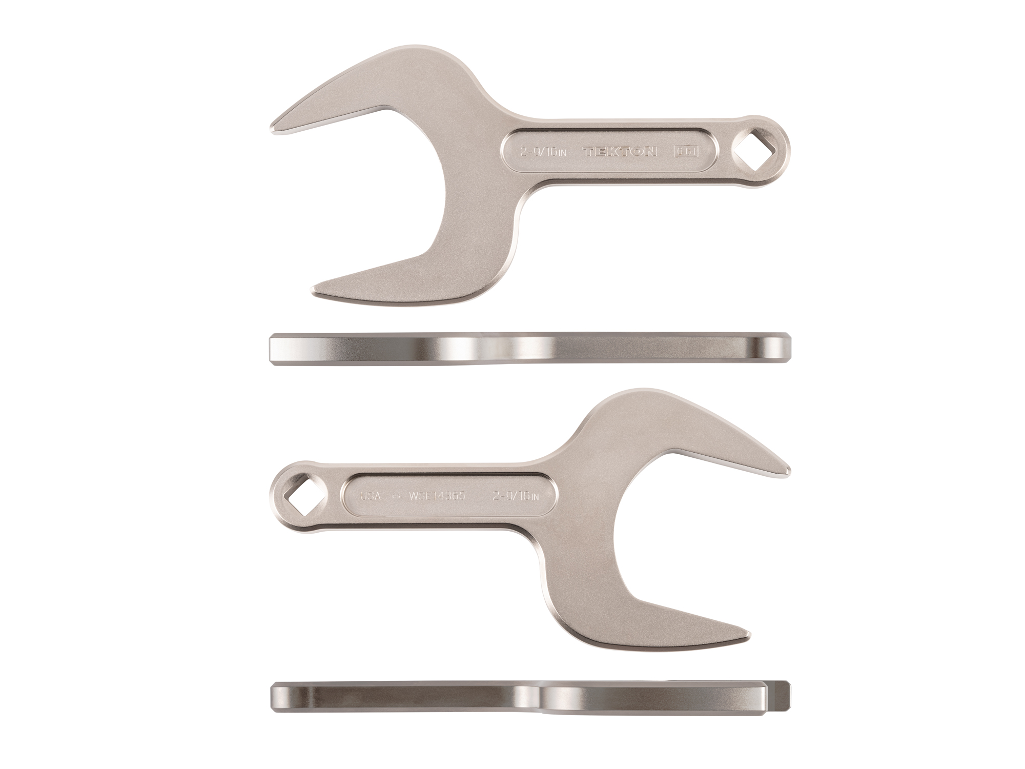 Side view of Tekton 2 9/16 inch open end wrench set. Item #WSE14365