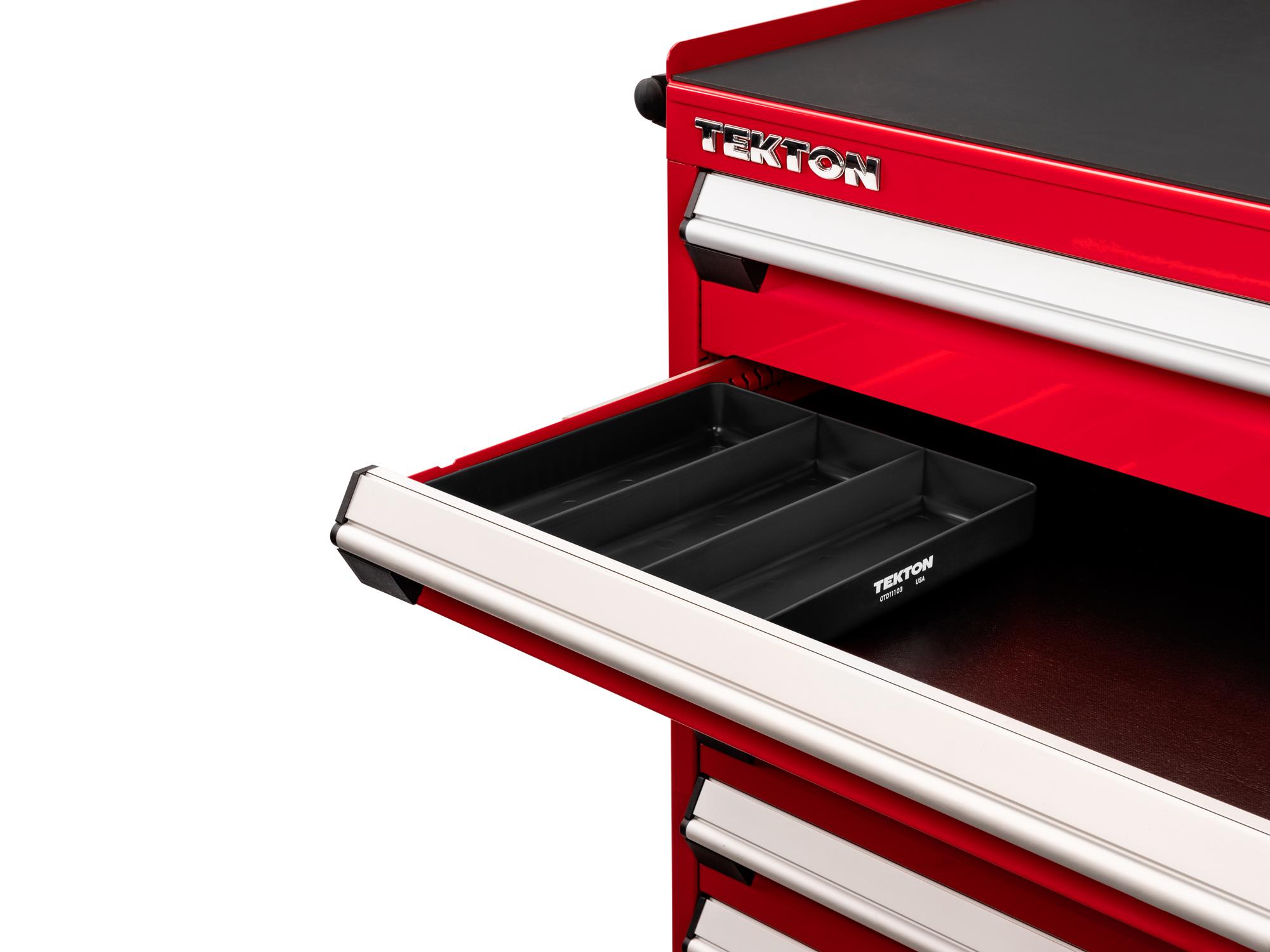 Front angled view of Tekton organizer tray organizer tray in a tool cabinet drawer. Item #OTD11103