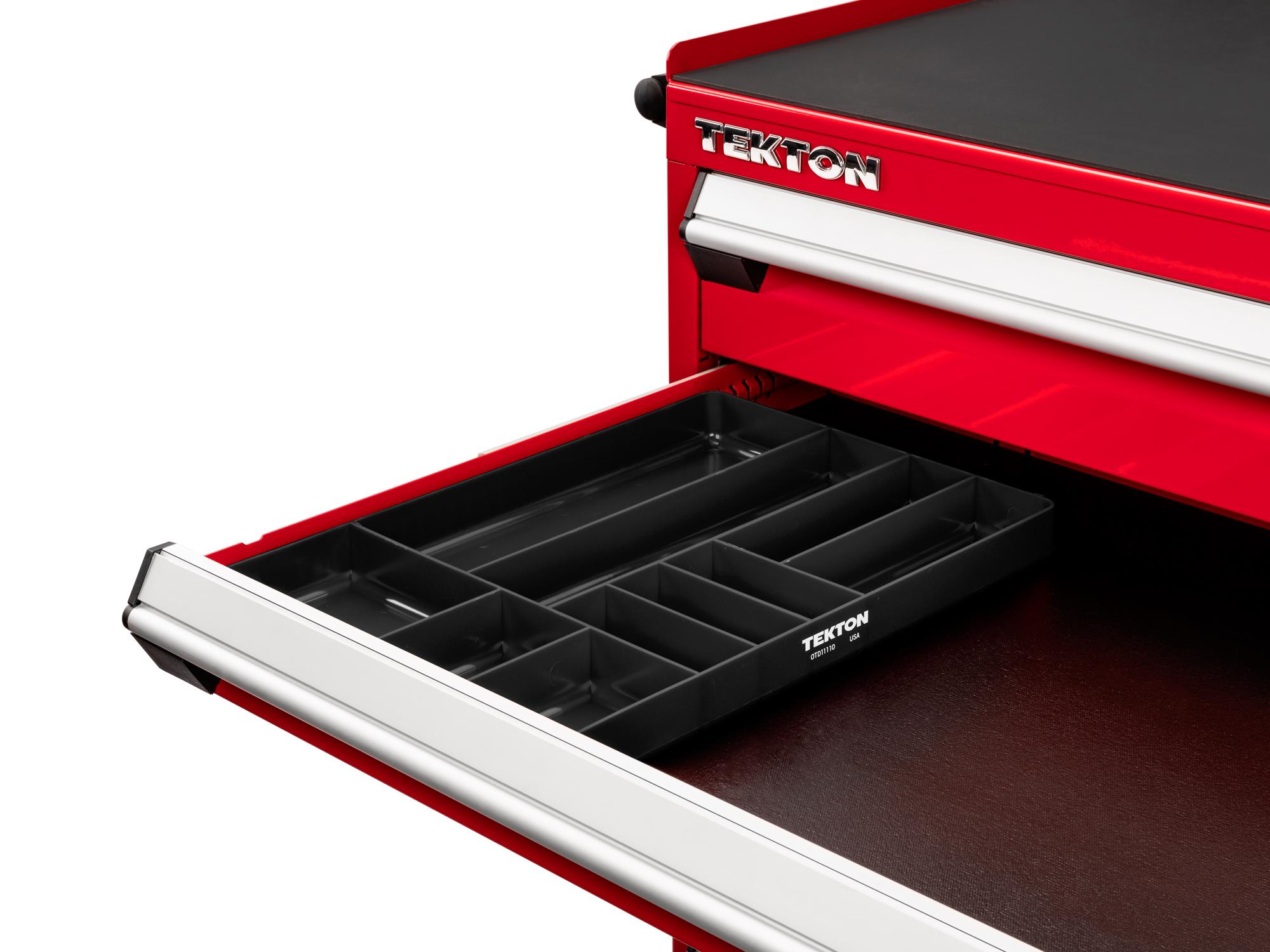 Front angled view of Tekton organizer tray organizer tray in a tool cabinet drawer. Item #OTD11110