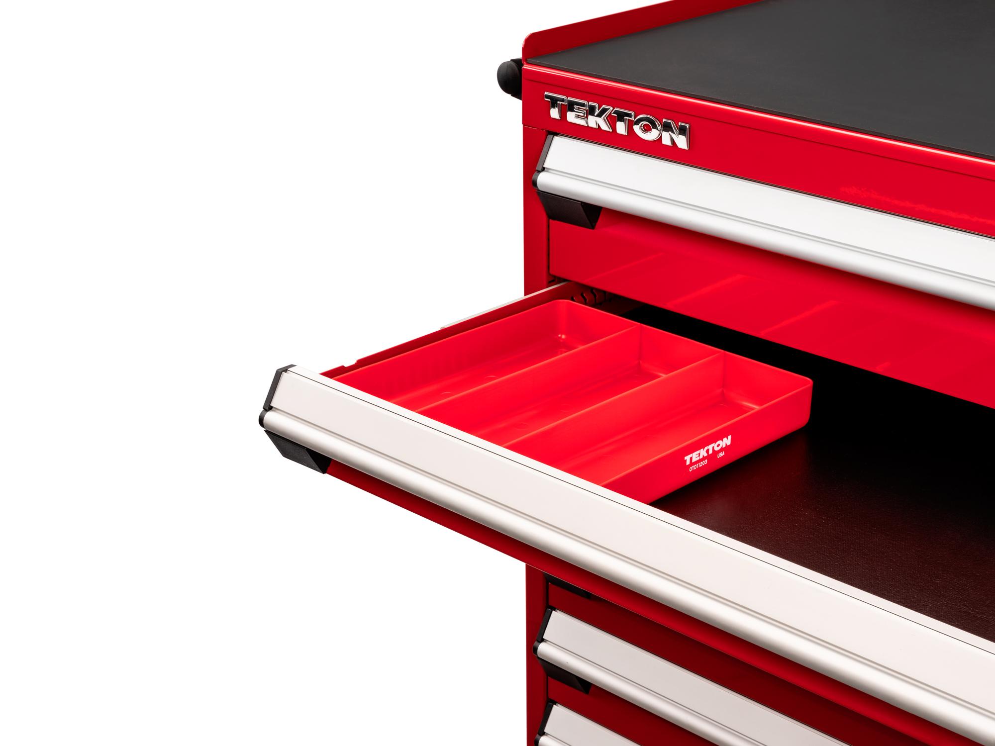 Front angled view of Tekton organizer tray organizer tray in a tool cabinet drawer. Item #OTD11203