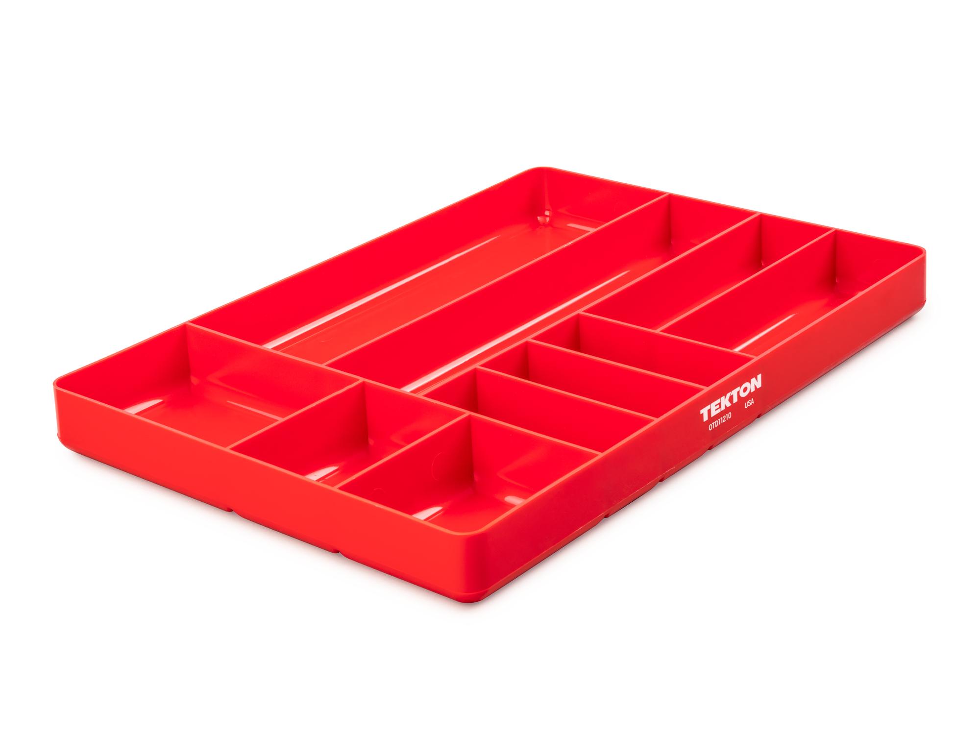 Front-right angle view of red Tekton organizer tray organizer tray. Item #OTD11210