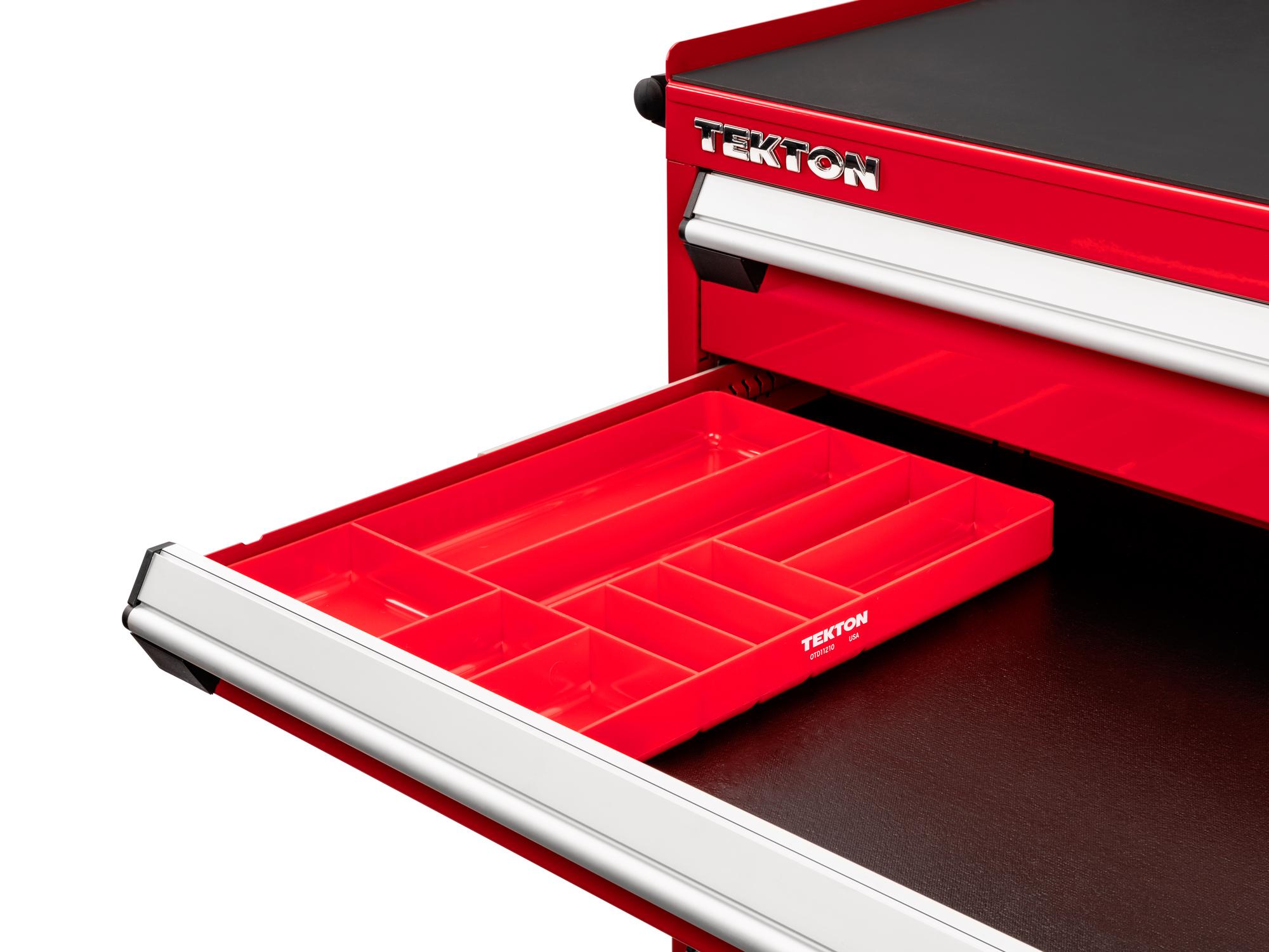 Front angled view of Tekton organizer tray organizer tray in a tool cabinet drawer. Item #OTD11210