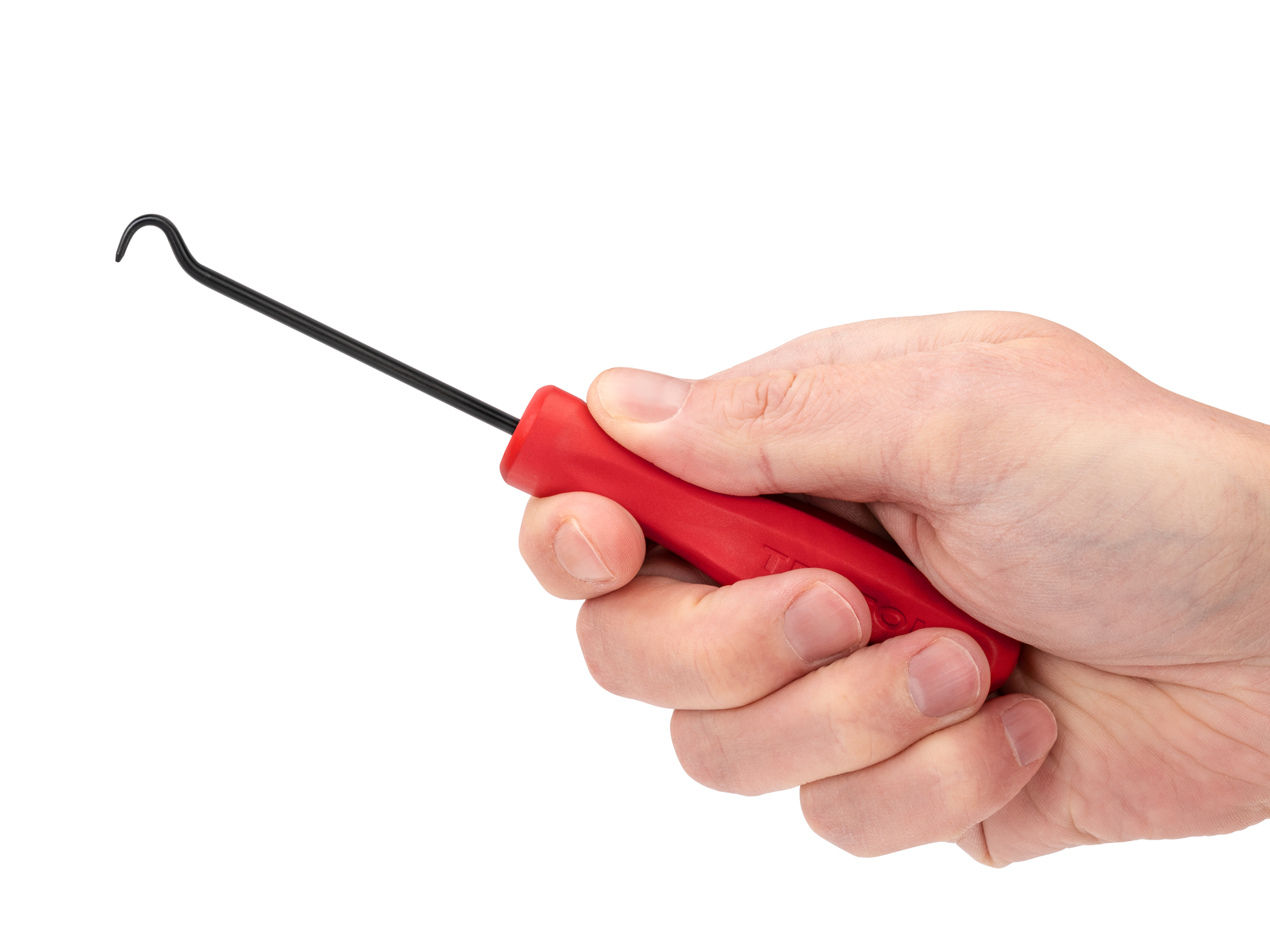 The 90-degree blunt hook (1/8 x 3 inch blade) has a small rounded tip to reduce piercing soft objects and features a square nylon handle. PNH24104.