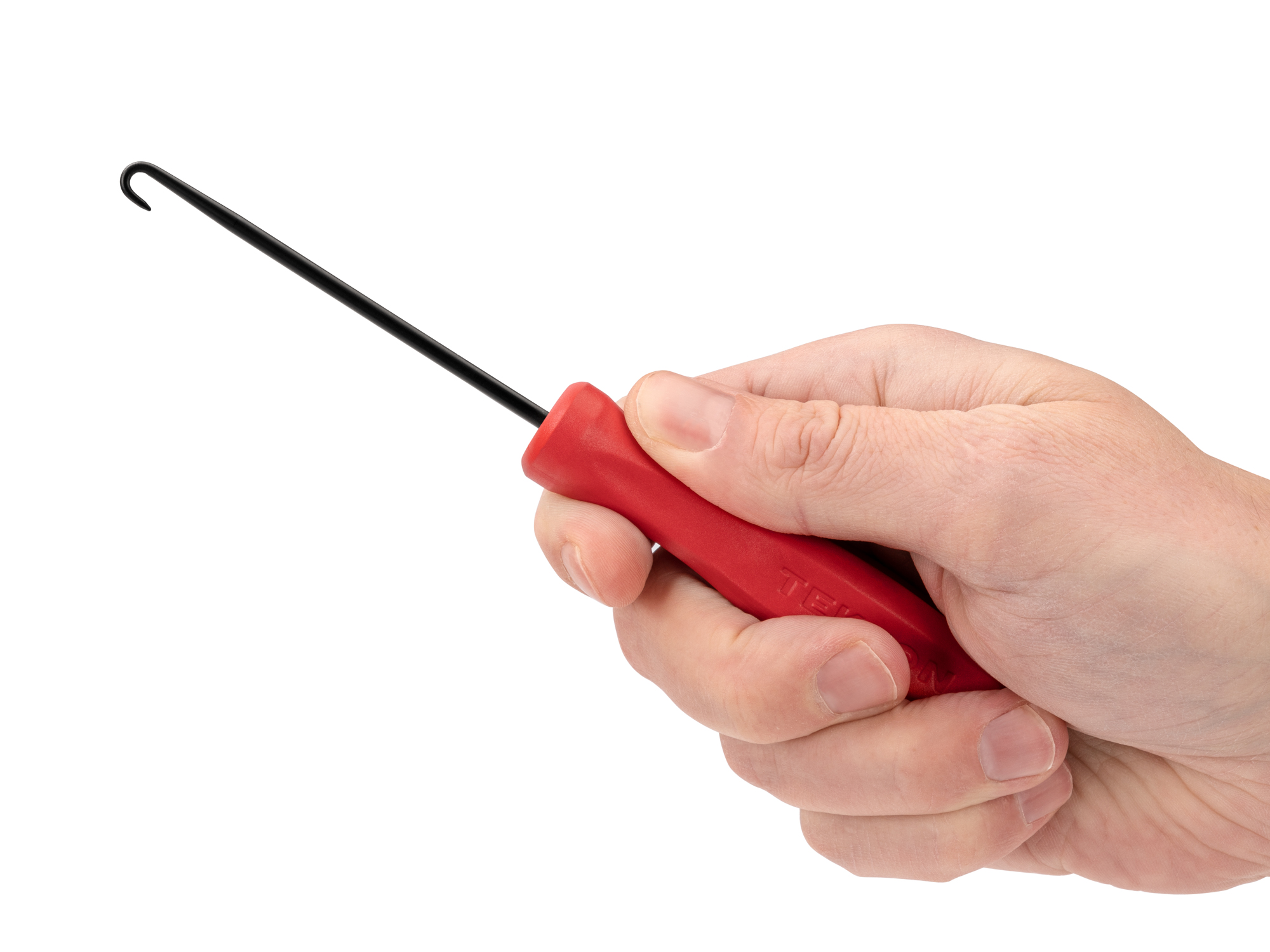 The 180-degree blunt hook (1/8 x 3 inch blade) has a small rounded tip to reduce piercing soft objects and features a square nylon handle. PNH24106.