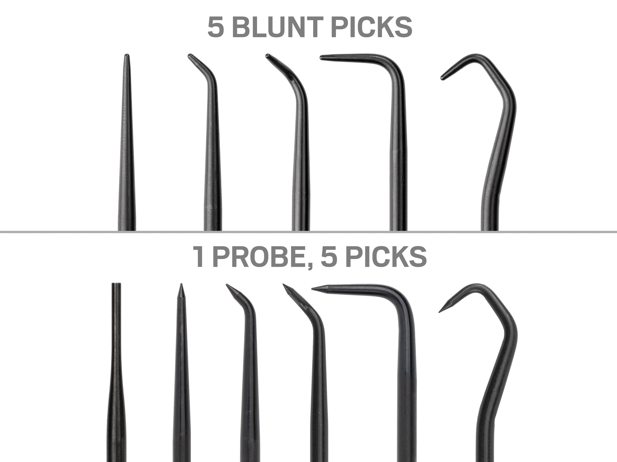 25-piece set includes five picks, four hooks, five blunt picks, four blunt hooks, one probe, and six mini pry bars. LVR10005.