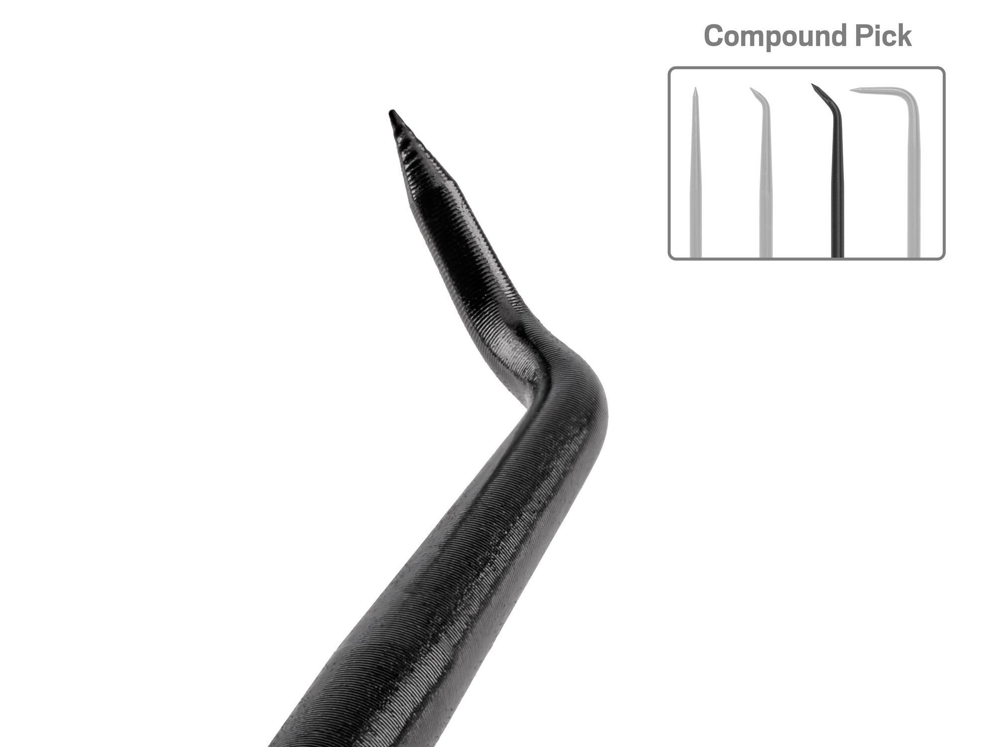 Closeup view of the compound pick tip on a Tekton 3 inch pick and hook set. Item #PNH90102