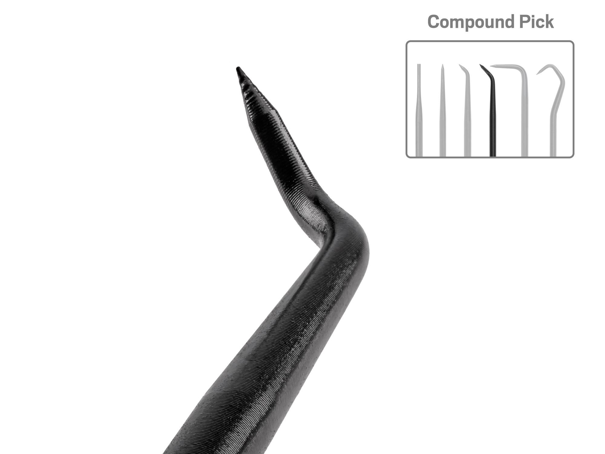 Closeup view of the compound pick tip on a Tekton 3 inch pick and hook set. Item #PNH90103
