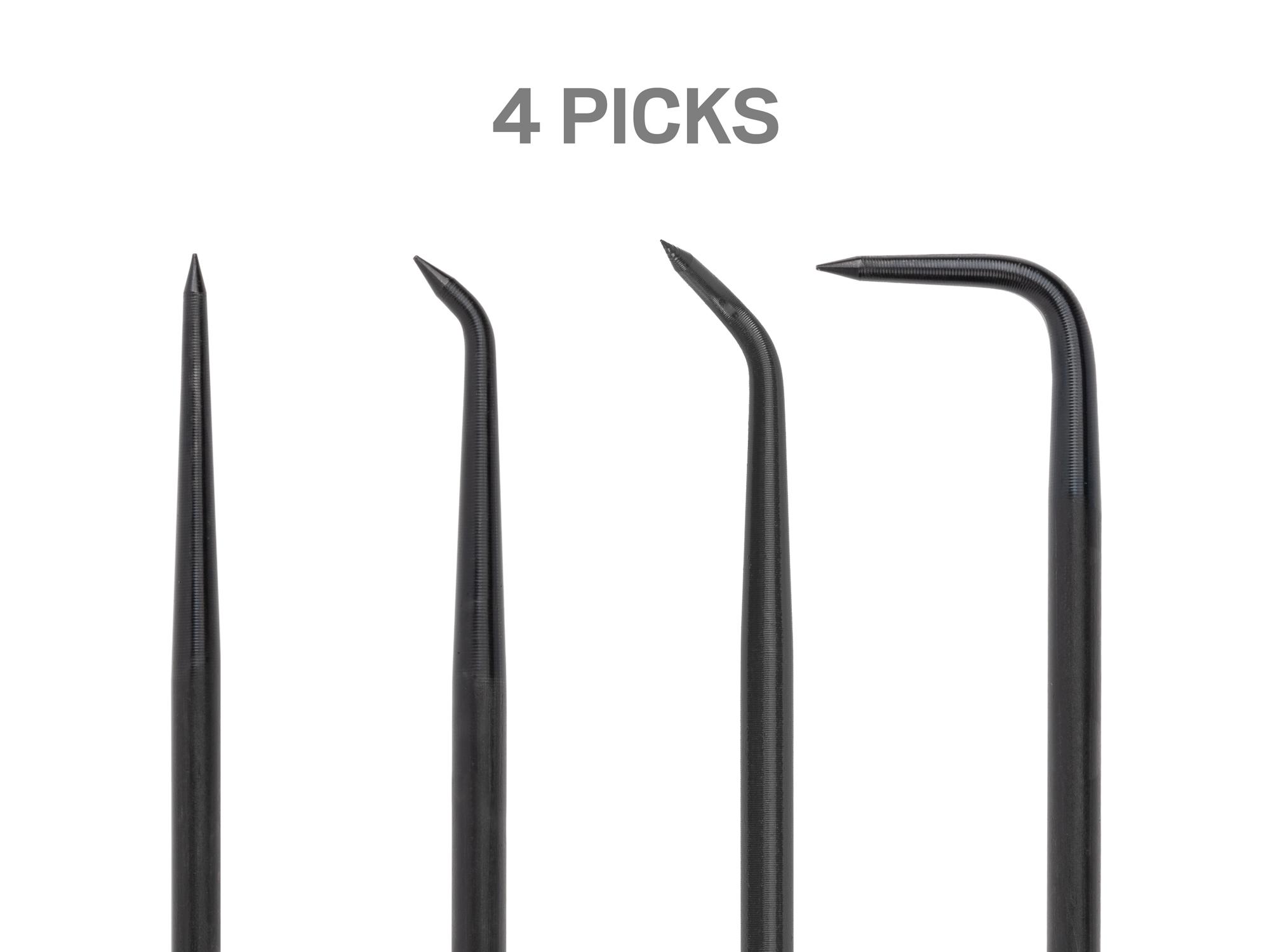 Laid out contents of Tekton black 3 inch pick and hook set. Item #PNH90402