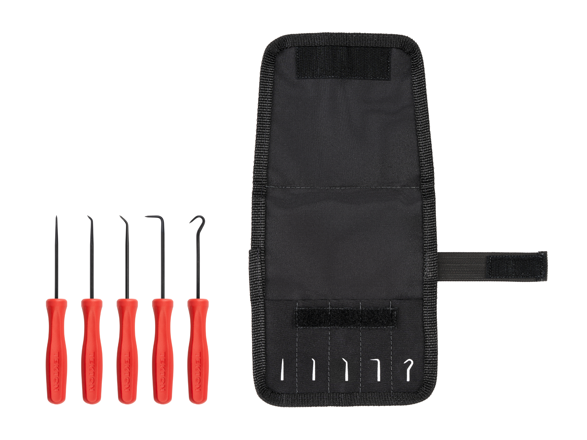 Set includes straight pointed pick, 45-degree pointed pick, 90-degree pointed pick, 130-degree pointed hook, compound pointed pick, and 5-tool pouch. PNH90402.