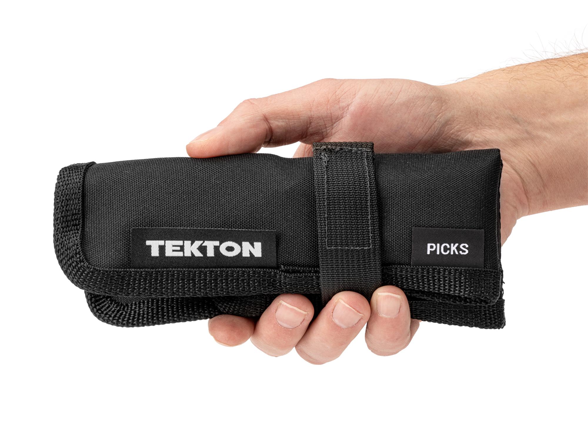 Person holding Tekton black 3 inch pick and hook set. Item #PNH90402