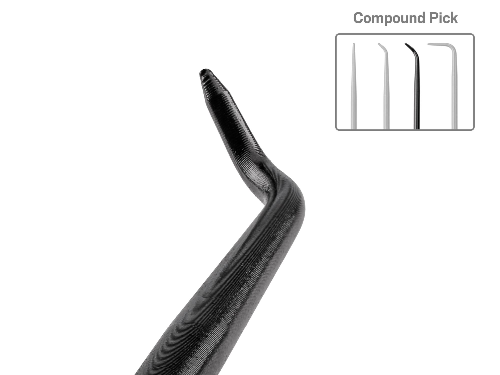 Closeup view of the compound pick tip on a Tekton 3 inch pick and hook set. Item #PNH90403