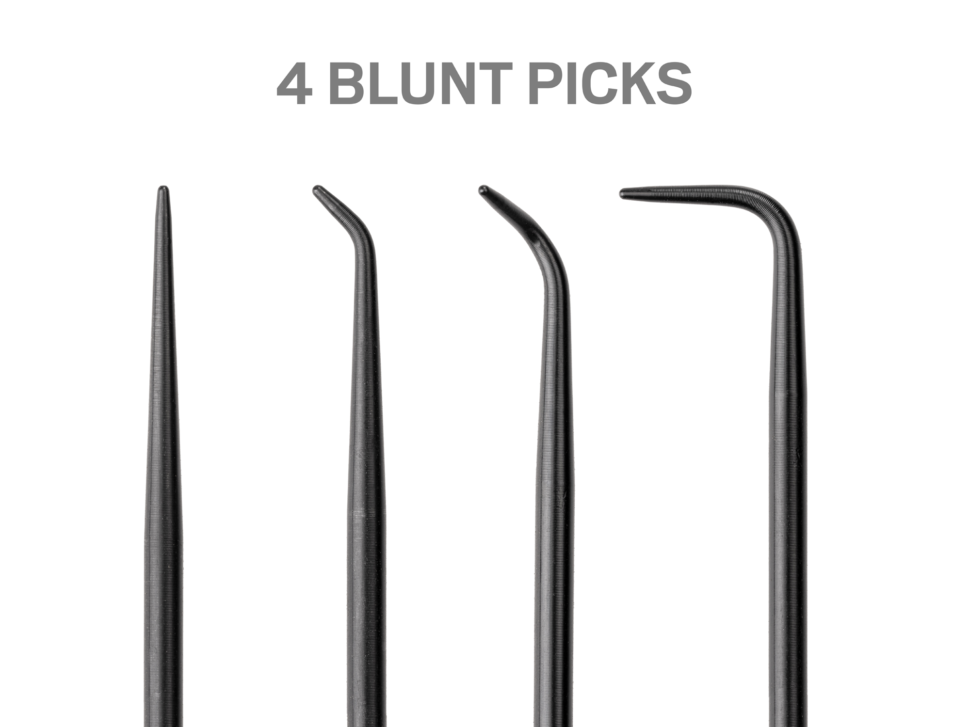 Set includes straight blunt pick, 45-degree blunt pick, compound blunt pick, 90-degree blunt pick, 130-degree blunt hook, and organization pouch. PNH90404.