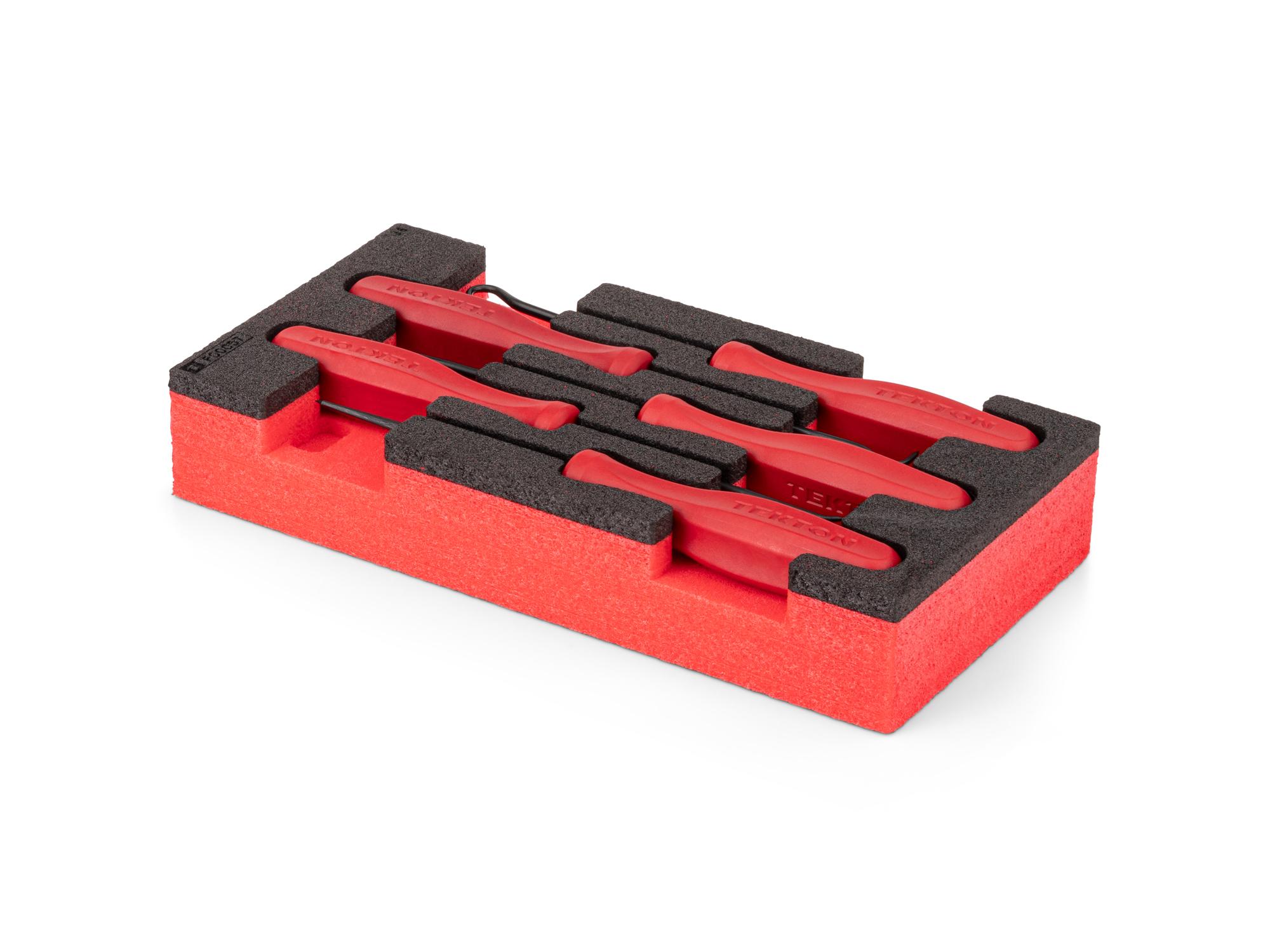 Angled view of red Tekton pointed pick and hook set with 8 x 4 inch foam organizer. PNH90800